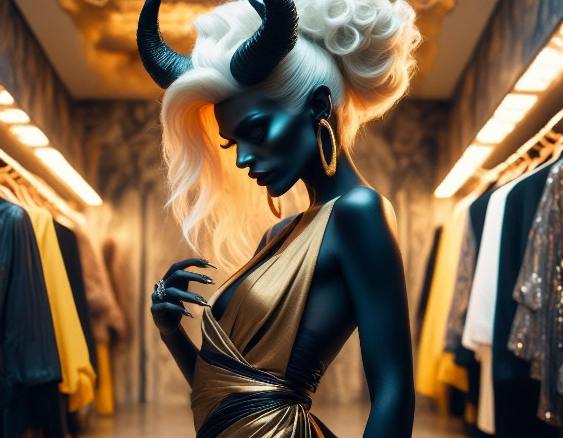 wide angle shot, (profile view of , dark demon girl shopping for clothes in a boutique, wearing  gold high heel shoes:1.1) ,  (wrap skirt:1.2) ,  horns, white hair , cosmic skin  , black eyes <lora:BD1.1:.6>