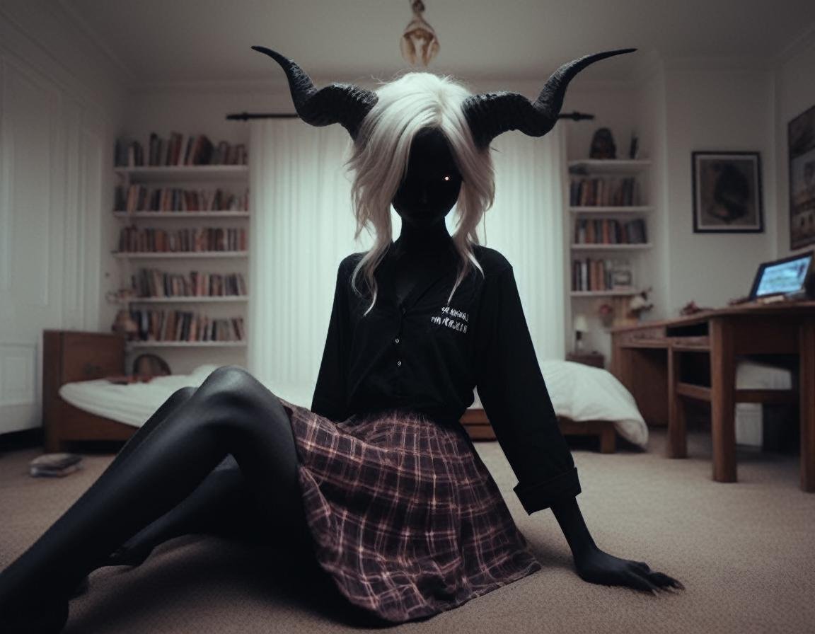 crawling pose, stalking,,  a dark demon girl with black horns, (pitch black eyes, cosmic black:1), , bright bleach white tips  hair , well lit , very skinny, wearing a catholic school uniform , shirt with cardigan and plaid skirt,  cosmic pattern on skin , <lora:BD1.1-000009:1>, catholic dorm room, a small room with one messy bed with clothes and underwear lying around the room, a small desk with books and school supplies,   brown carpet and white walls, dim sexy lighting
