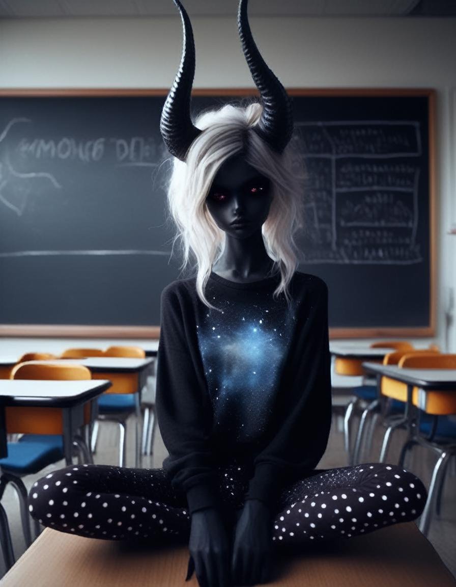 in an empty classroom ,  a dark demon girl with black horns, (pitch black eyes, cosmic black:1), , bright bleach white tips  hair , well lit , very skinny, wearing a (over sized sweater, and polka dot leggings:1.3)  cosmic pattern on skin , <lora:BD1.1-000009:1>, school classroom, desks and chairs, chalkboard,, <lora:add-detail-xl:.4>intricate detail