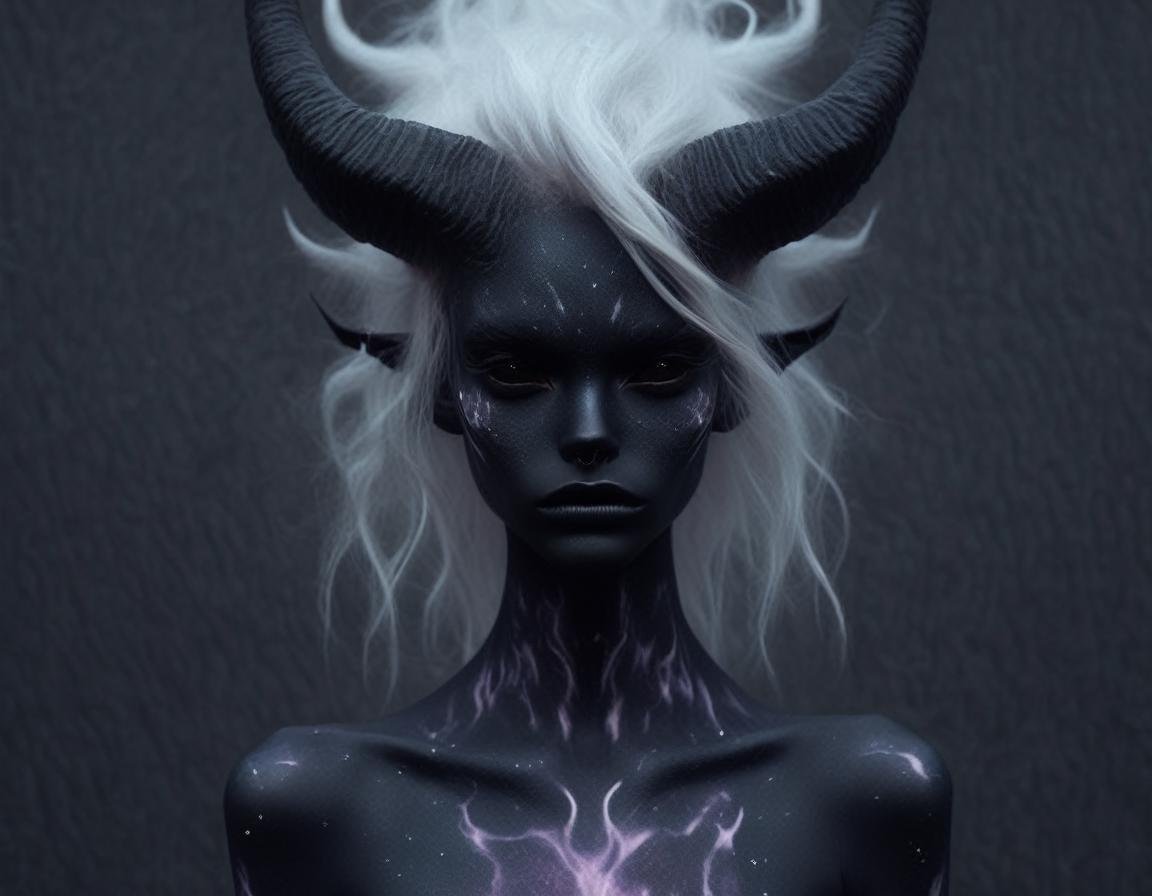 (face close up, portrait:1.2), grey background ,   a dark demon girl with black horns, (pitch black eyes, cosmic black:1), , bright bleach white tips  hair , well lit , very skinny, nude,  cosmic pattern on skin , <lora:BD1.1-000009:1>