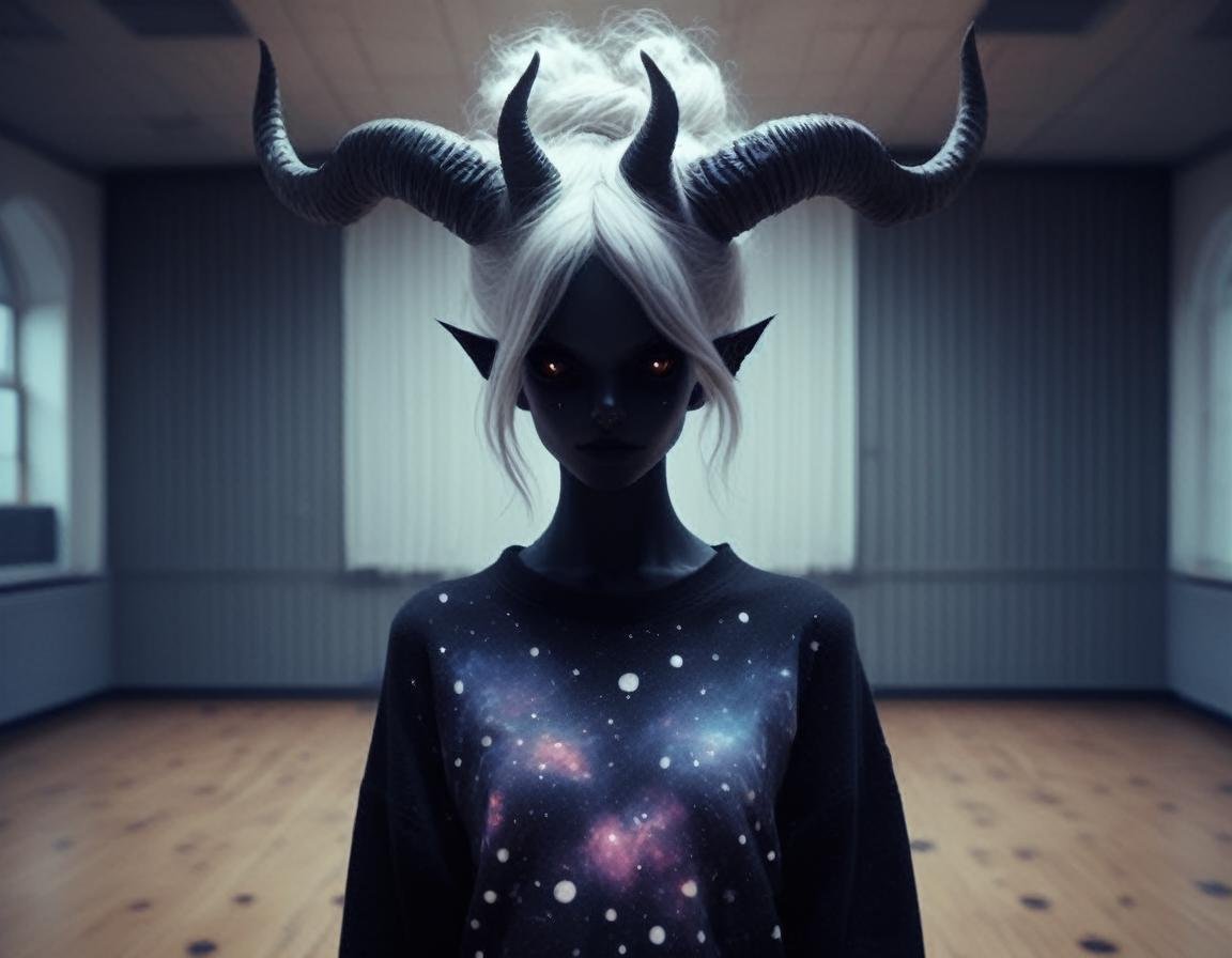 in an empty classroom ,  a dark demon girl with black horns, (pitch black eyes, cosmic black:1), , bright bleach white tips  hair , well lit , very skinny, wearing a (over sized sweater, and polka dot leggings:1.3)  cosmic pattern on skin , <lora:BD1.1-000009:1>