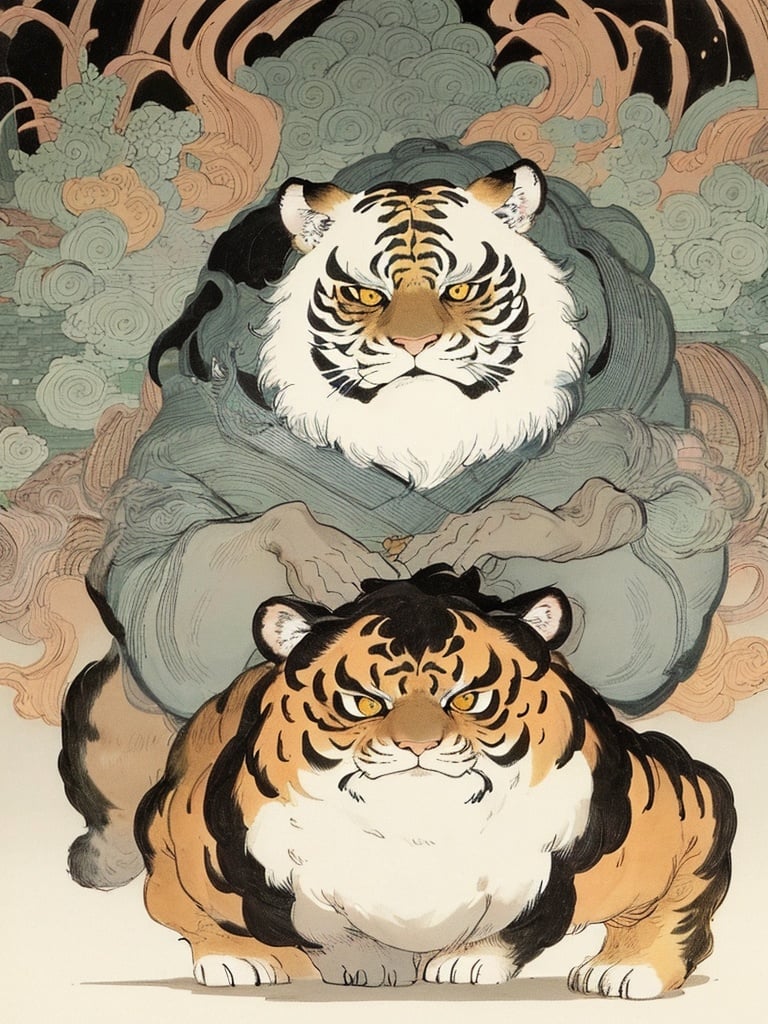 a fat tiger,wearing hanfu,the background is a mountain forest,the tiger is carrying a knife on its shoulder in the air,a fierce expression,looking_at_viewer,upper_body,SOLO,fractal art background,幻想艺术,<lora:watercolour 13:0.6>,illustration,(((ukiyoe))),((sketch)),((japanese_art)),