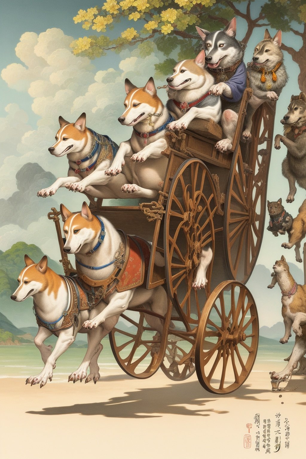 masterpiece,best quality,8K,HDR,<lora:watercolour 13:0.6>,a painting of dogs riding a small cart with a dog on top of it and a dog on the back of it,Chen Chun,highly detailed digital art,a detailed painting,cloisonnism,