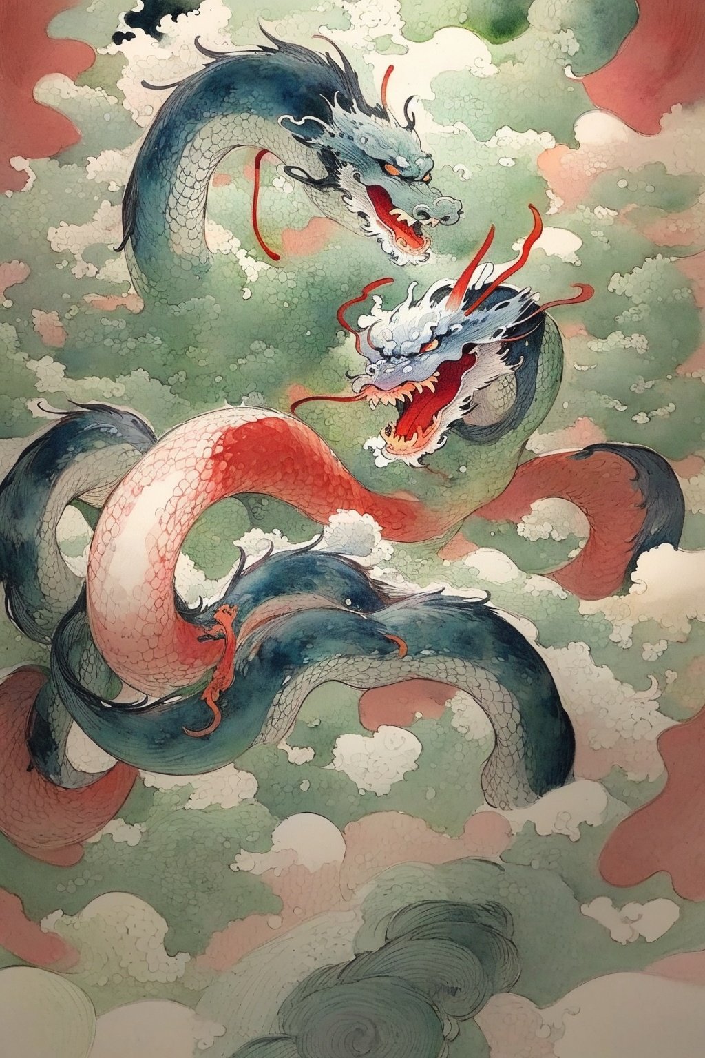 a chinese dragon shuttles through the clouds,the background is a sea of clouds in the air,a fierce expression,looking_at_viewer,upper_body,SOLO,fractal art background,幻想艺术,<lora:watercolour 13:0.4>,watercolour,<lora:东方巨龙 Oriental giant dragon_1.0:0.8>,illustration,(((ukiyoe))),((sketch)),((japanese_art)),