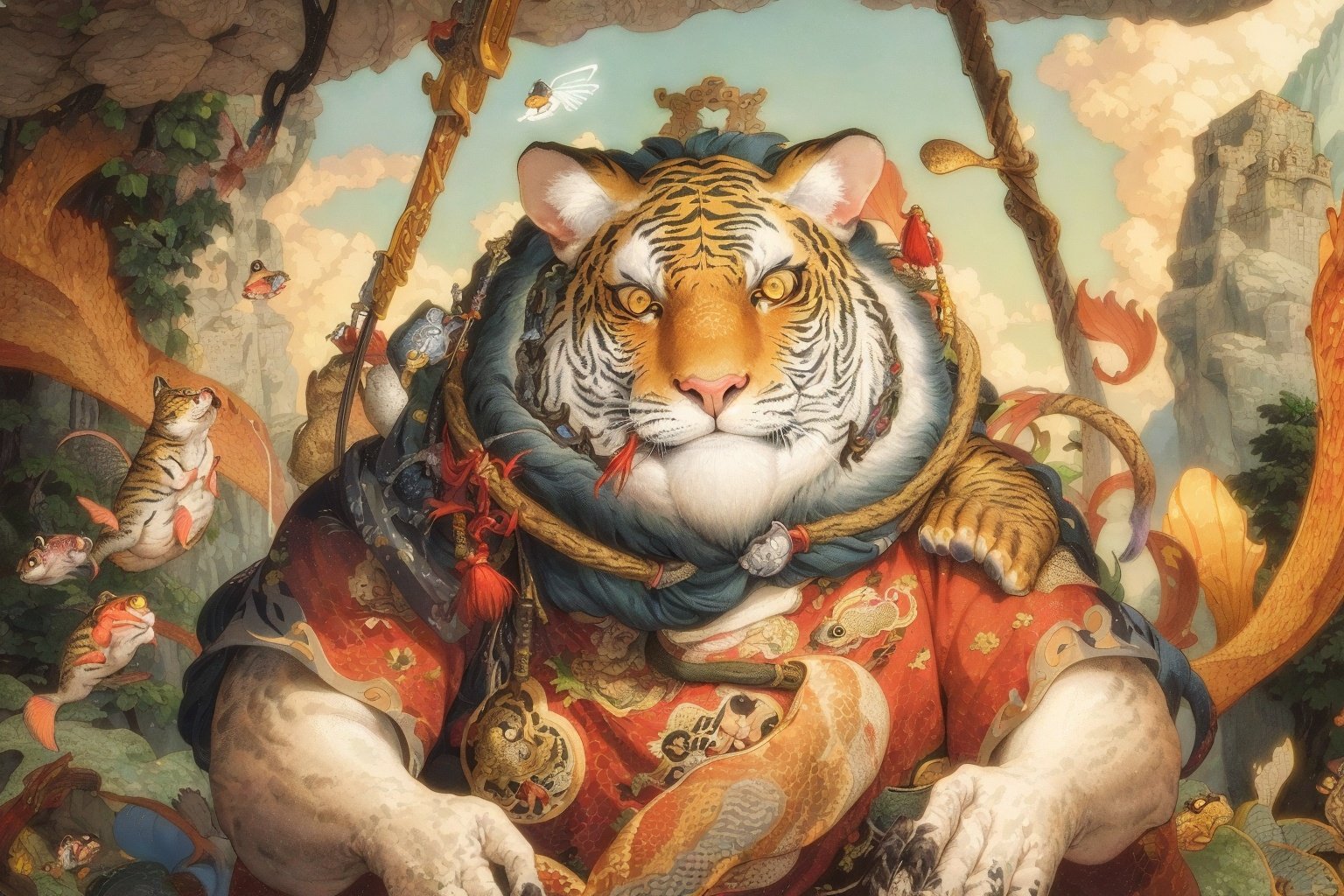 masterpiece,best quality,8K,HDR,Farel Dalrymple,game art,a storybook illustration,fantasy art,portrait,a fish flies by its side,solo,<lora:watercolour 8:0.6>,a tiger holding a hammer in its hand,tiger stripes,wearing ancient chinese hanfu,