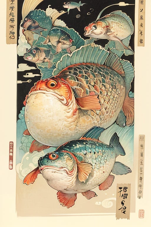masterpiece,best quality,HDR,8K,<lora:watercolour 3:0.7>,a painting of a fish and a fish with chinese writing on it's side and a fish with a fish on its back,amano,lostfish,an illustration of,sōsaku hanga,