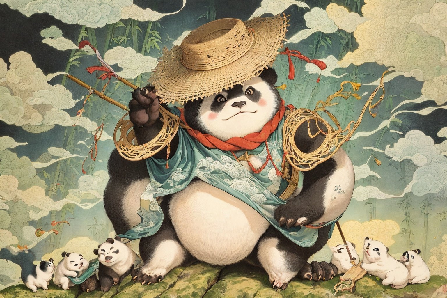 a panda wearing chinese hanfu sitting in a fighting position,wearing a straw hat on his head,surrounded by clouds in ukiyoe paintings,armor on shoulders,behind it is a bamboo forest,ukiyoshi painting style,<lora:watercolour 13:0.6>,solo,