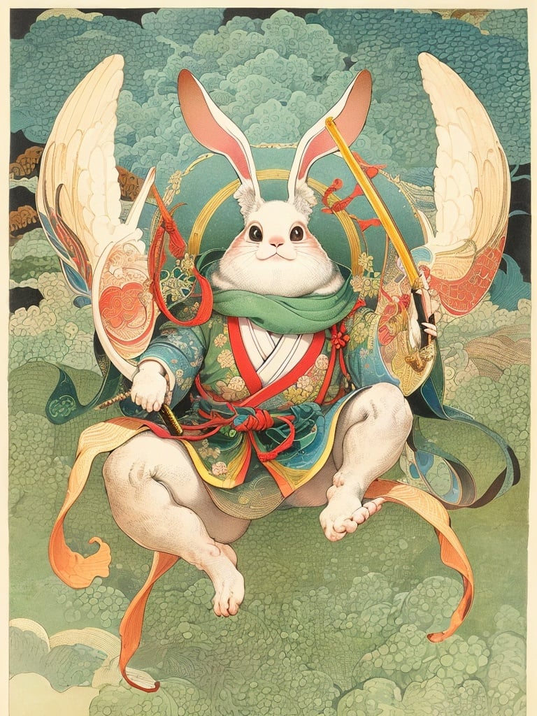 a rabbit,wearing hanfu,holding a grand level sword in hand,looking_at_viewer,the background is on the sea surface,upper_body,SOLO,<lora:watercolour 13:0.6>,ukiyoe style,fractal art background,幻想艺术,