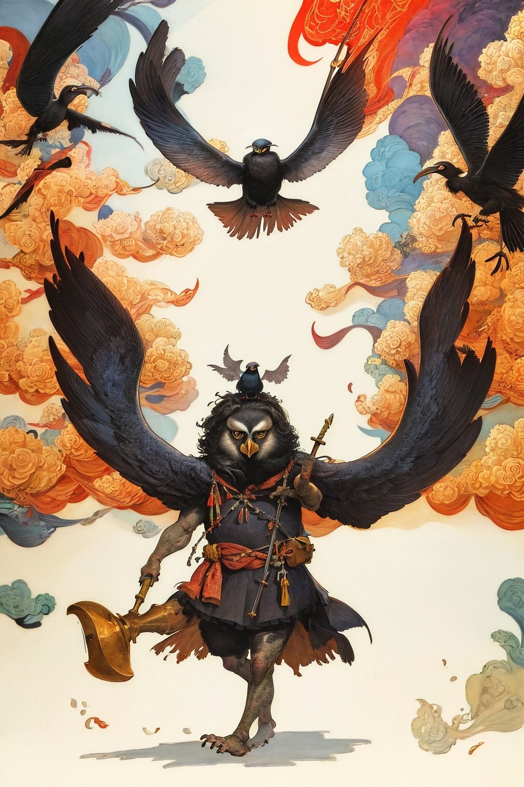 masterpiece,best quality,(HDR),8K,<lora:watercolour 7:0.8>,in gouache detailed paintings,a storybook illustration,art & language,crow holding a sword,the sky is filled with flames,symmetry,solo,