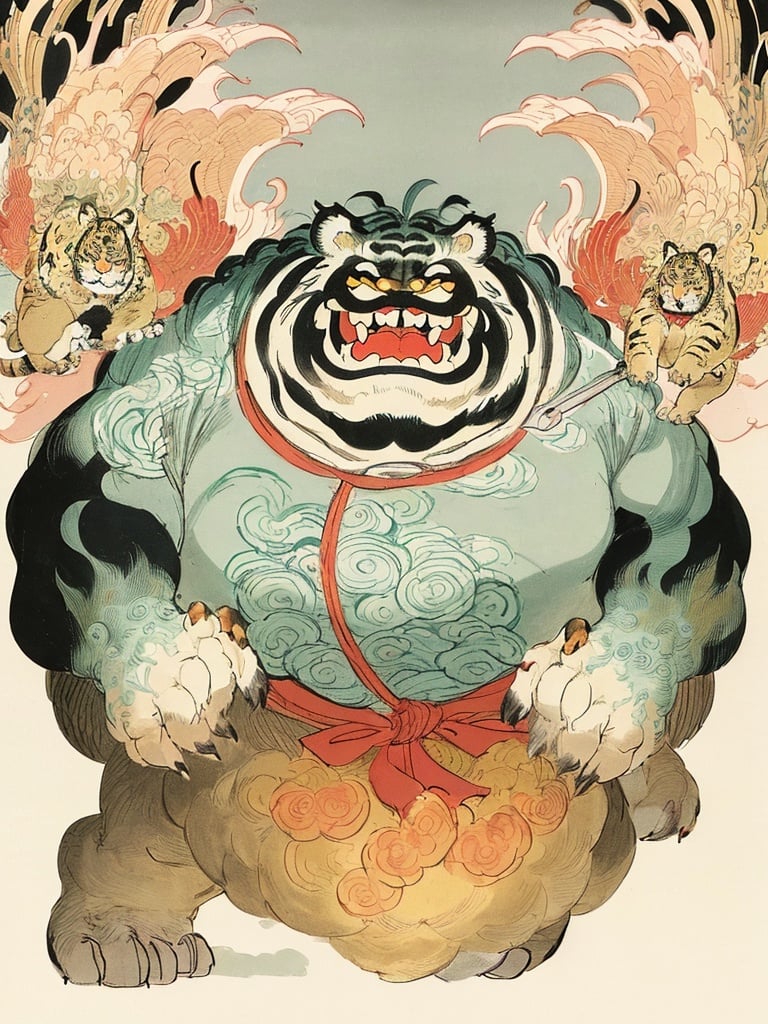 a fat tiger,wearing hanfu,the background is a mountain forest,the tiger is carrying a knife on its shoulder in the air,a fierce expression,looking_at_viewer,upper_body,SOLO,fractal art background,幻想艺术,<lora:watercolour 13:0.6>,illustration,(((ukiyoe))),((sketch)),((japanese_art)),