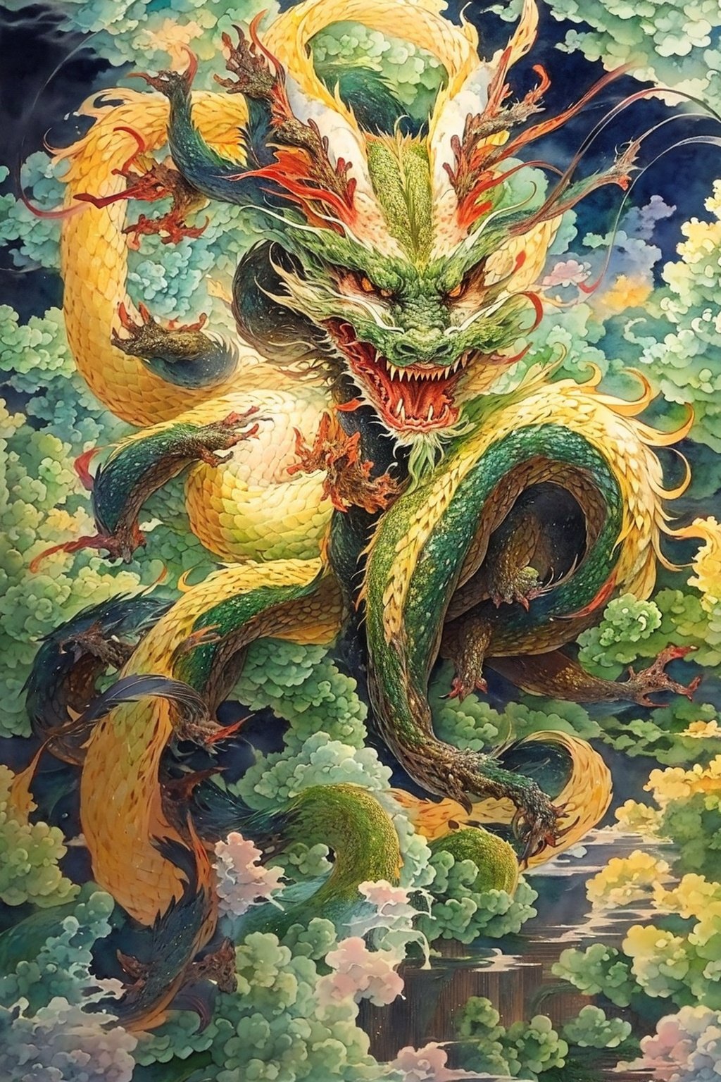 a chinese dragon shuttles through the clouds,the background is a sea of clouds in the air,a fierce expression,looking_at_viewer,upper_body,SOLO,fractal art background,幻想艺术,<lora:watercolour 13:0.6>,watercolour,<lora:东方巨龙 Oriental giant dragon_1.0:0.8>,