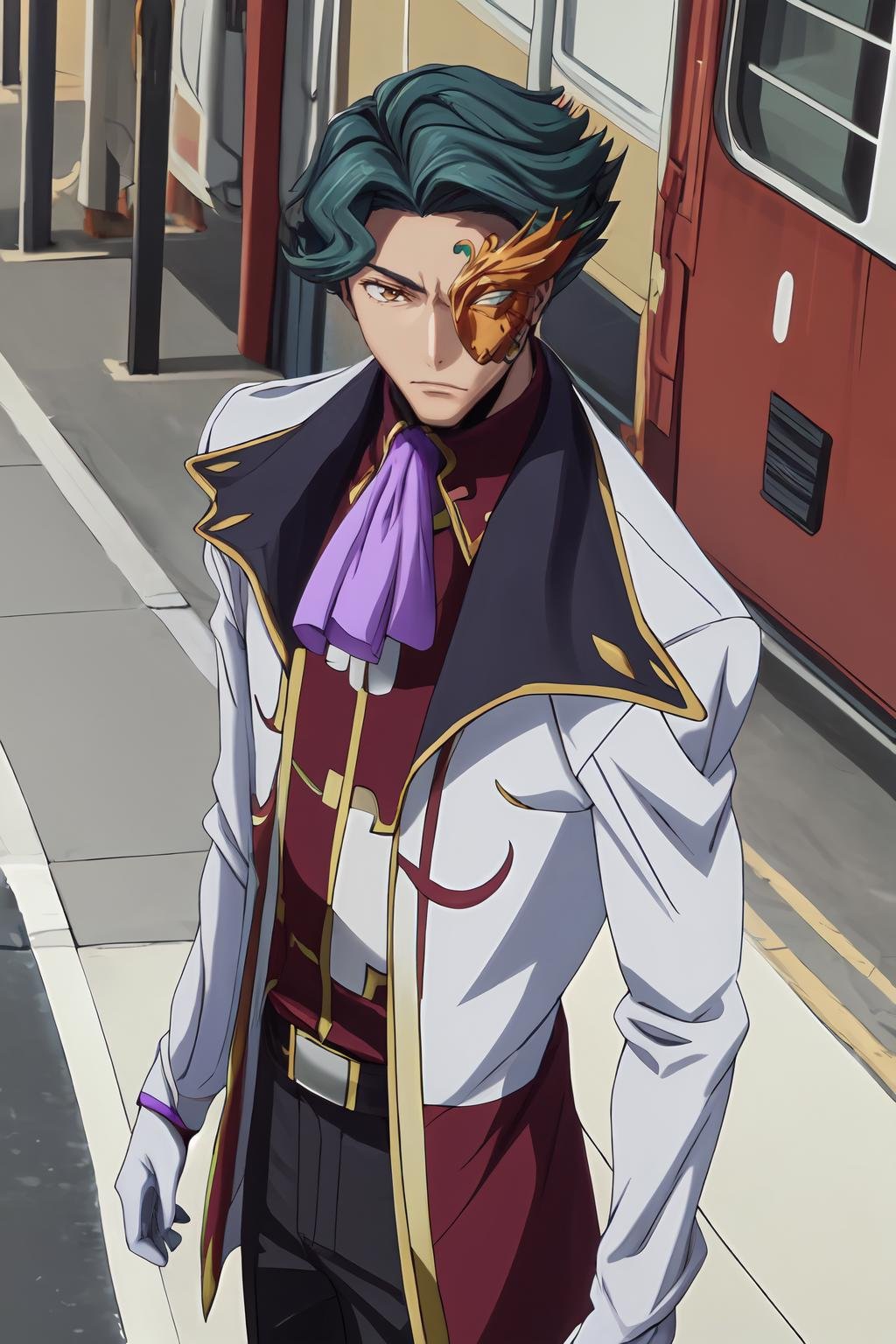 (masterpiece, best quality:1.2), highres, anime screencap, anime coloring, 1boy, male focus, solo,Jeremiah_Chugi_Wald, blue hair, green hair, short hair, brown eyes, (mask:1.1),white jacket, jacket, long sleeves, ascot, purple ascot, formal, shirt, white gloves,standing,outdoors,<lora:add_detail_CyberAlchemist:0.4>, <lora:GoodHands-beta2:0.8>, <lora:JeremiahChugiWald-000010:1.0>,