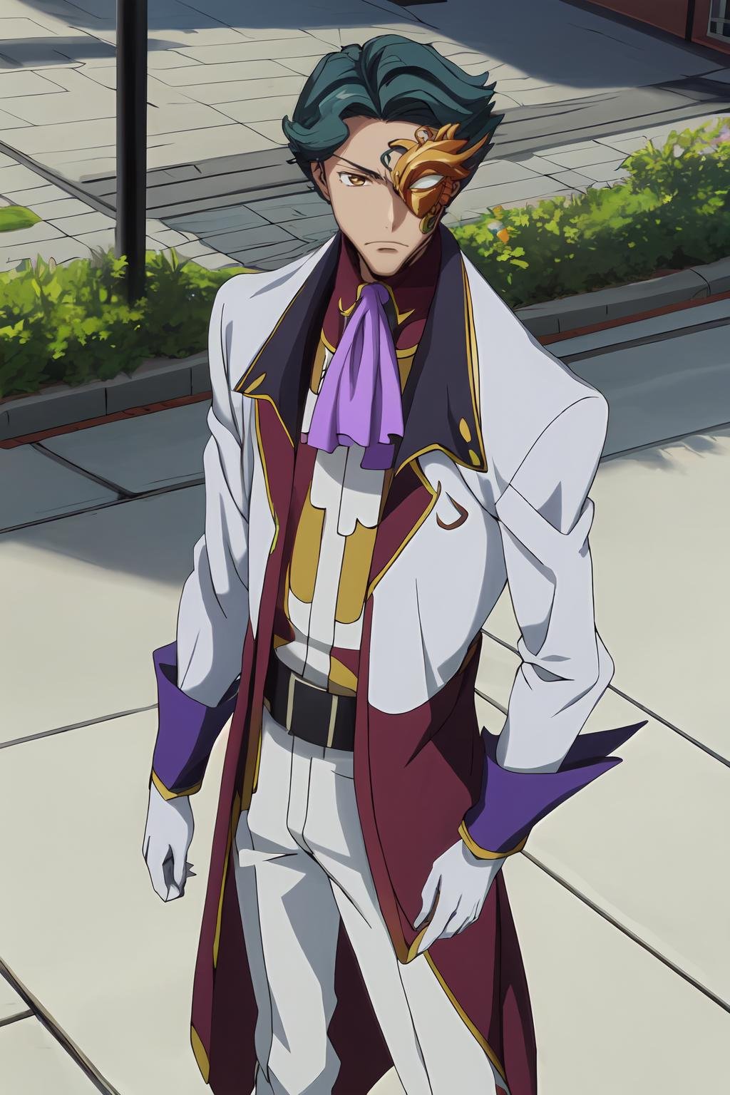 (masterpiece, best quality:1.2), highres, anime screencap, anime coloring, 1boy, male focus, solo, Jeremiah_Chugi_Wald, blue hair, green hair, short hair, brown eyes, (mask:1.1), white jacket, jacket, long sleeves, ascot, purple ascot, formal, shirt, white gloves, standing, outdoors, <lora:add_detail_CyberAlchemist:0.4>, <lora:GoodHands-beta2:0.8>, <lora:JeremiahChugiWald-000010:1.0>, 