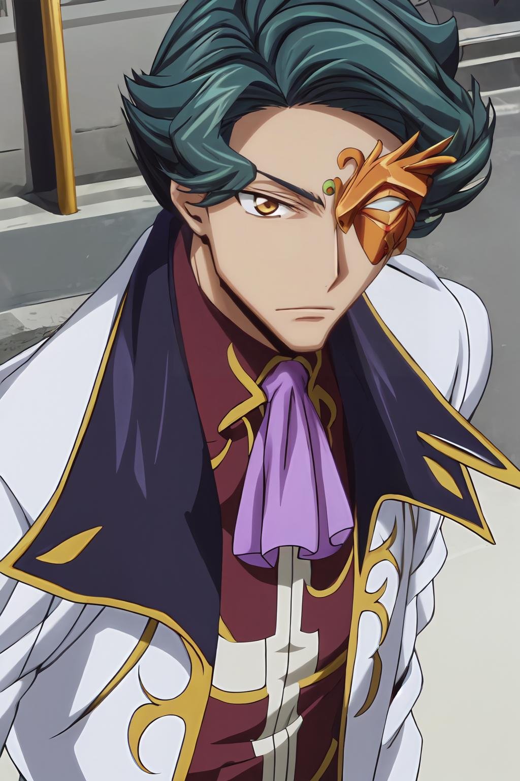 (masterpiece, best quality:1.2), highres, anime screencap, anime coloring, 1boy, male focus, solo,Jeremiah_Chugi_Wald, blue hair, green hair, short hair, brown eyes, (mask:1.1),white jacket, jacket, long sleeves, ascot, purple ascot, formal, shirt, white gloves,standing,outdoors, portrait, <lora:add_detail_CyberAlchemist:0.4>, <lora:GoodHands-beta2:0.8>, <lora:JeremiahChugiWald-000010:1.0>,