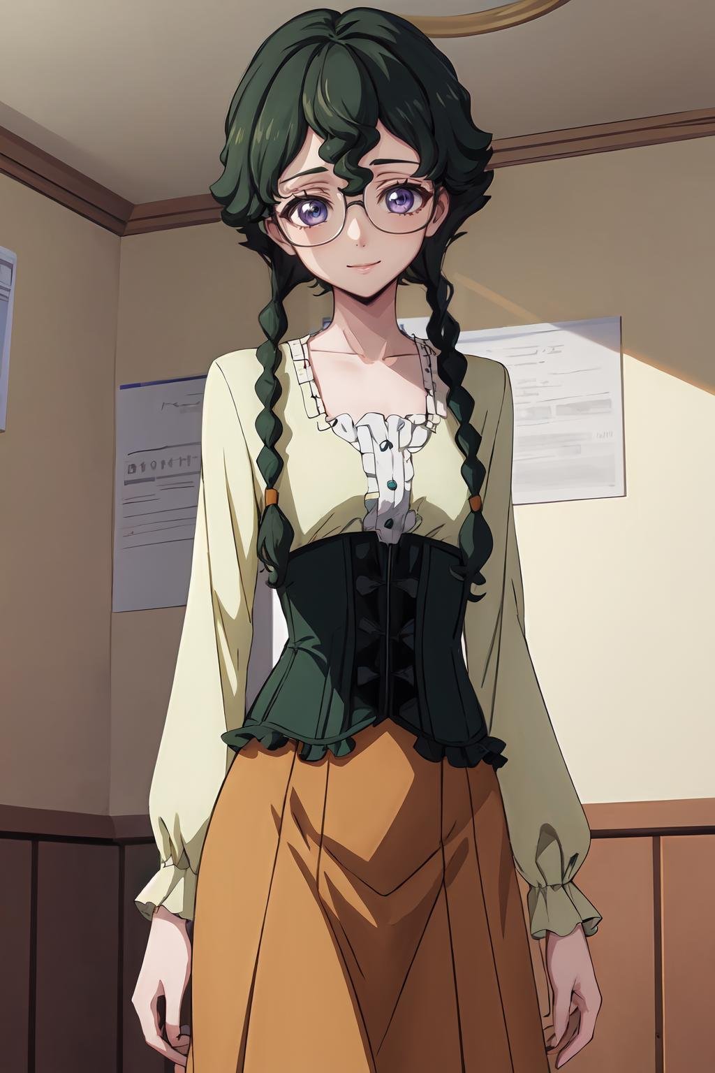 (masterpiece, best quality:1.2), highres, anime screencap, anime coloring, 1girl, solo, light smile,Nina_Einstein_S1, green hair, twin braids, bangs, short hair, purple eyes, blue eyes, glasses, rimless eyewear, collarbone,BREAK white shirt, long sleeves, green corset, orange skirt, long skirt, frills,standing,indoors, school, looking at viewer,<lora:add_detail_CyberAlchemist:0.4>, <lora:GoodHands-beta2:0.8>, <lora:NinaEinsteinS1-000009:0.9>,