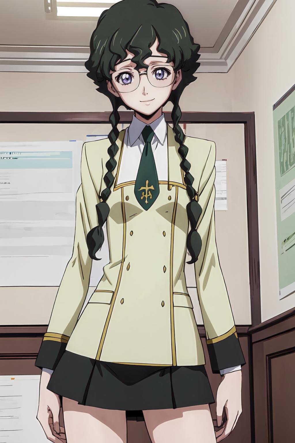 (masterpiece, best quality:1.2), highres, anime screencap, anime coloring, 1girl, solo, light smile, Nina_Einstein_S1, green hair, twin braids, bangs, short hair, purple eyes, blue eyes, glasses, rimless eyewear,ashford academy school uniform, jacket, white shirt, collared shirt, long sleeves, green necktie, black skirt, miniskirt, standing, indoors, school, looking at viewer,<lora:add_detail_CyberAlchemist:0.4>, <lora:GoodHands-beta2:0.8>, <lora:NinaEinsteinS1-000009:1>,