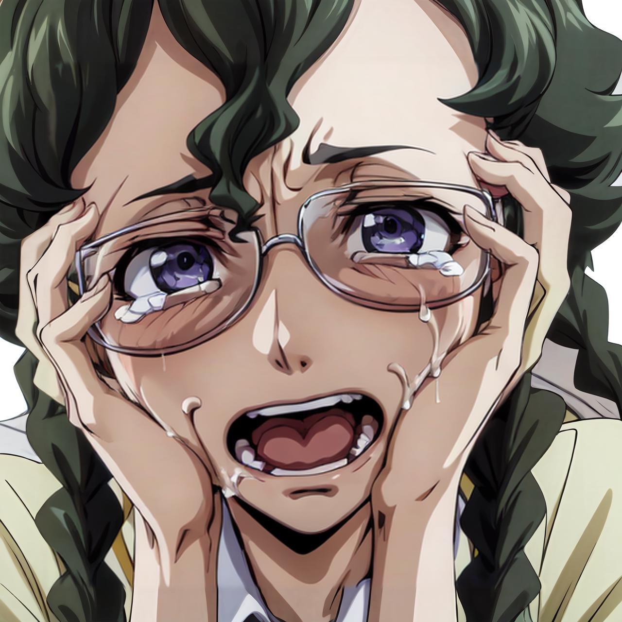 (masterpiece, best quality:1.2), highres, anime screencap, anime coloring, 1girl, solo, Nina_Einstein_S1, green hair, twin braids, bangs, short hair, purple eyes, blue eyes, glasses, rimless eyewear, open mouth, hands on own face, teeth, (screaming:1.2), pain, hands on own cheeks, wide-eyed, tears, (shouting:1.2), angry, (furious:1.2),  portrait, close-up face, face focus, <lora:add_detail_CyberAlchemist:0.4>, <lora:GoodHands-beta2:0.8>, <lora:NinaEinsteinS1-000009:0.8>, <lora:screaming:0.8>