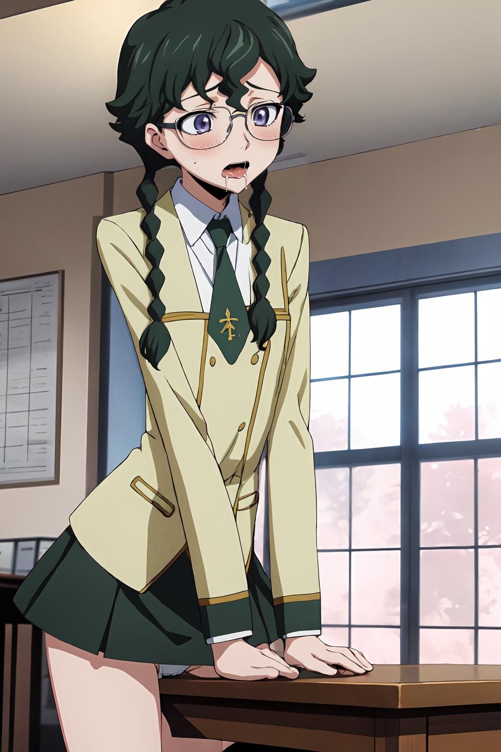 (masterpiece, best quality:1.2), highres, anime screencap, anime coloring, 1girl, solo, blush, orgasm, open mouth, saliva, saliva trail, Nina_Einstein_S1, green hair, twin braids, bangs, short hair, purple eyes, blue eyes, glasses, rimless eyewear, ashford academy school uniform, jacket, white shirt, collared shirt, long sleeves, green necktie, black skirt, miniskirt, white panties, ultra detailed panties, crotch rub, table humping, masturbation, indoors, school, wooden table, <lora:add_detail_CyberAlchemist:0.4>, <lora:GoodHands-beta2:0.8>, <lora:NinaEinsteinS1-000009:0.8>, <lora:table_humping_v0.1:0.9>