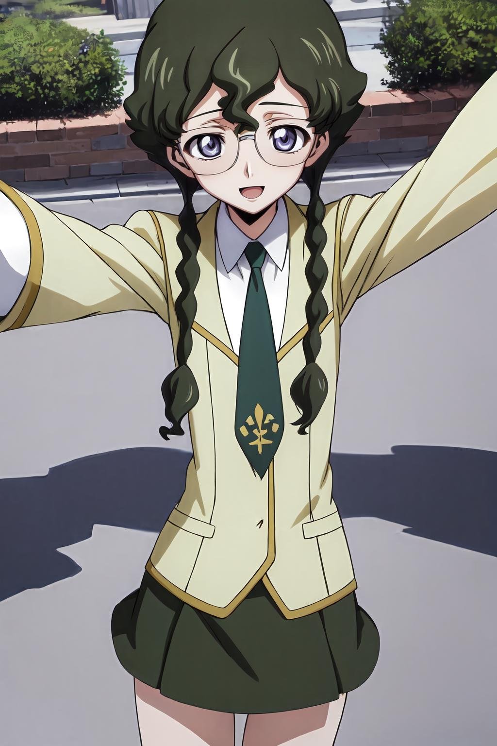 (masterpiece, best quality:1.2), highres, anime screencap, anime coloring, 1girl, solo, happy, smile, open mouth, Nina_Einstein_S1, green hair, twin braids, bangs, short hair, purple eyes, blue eyes, glasses, rimless eyewear,BREAK ashford academy school uniform, yellow jacket, white shirt, collared shirt, long sleeves, green necktie, (black skirt:1.2), miniskirt, BREAK standing, (reaching out:1.2), spread arms, hands out of frame, outdoors, school, looking at viewer, pov, upper body, from above, <lora:add_detail_CyberAlchemist:0.4>, <lora:GoodHands-beta2:0.8>, <lora:NinaEinsteinS1-000009:0.9>,