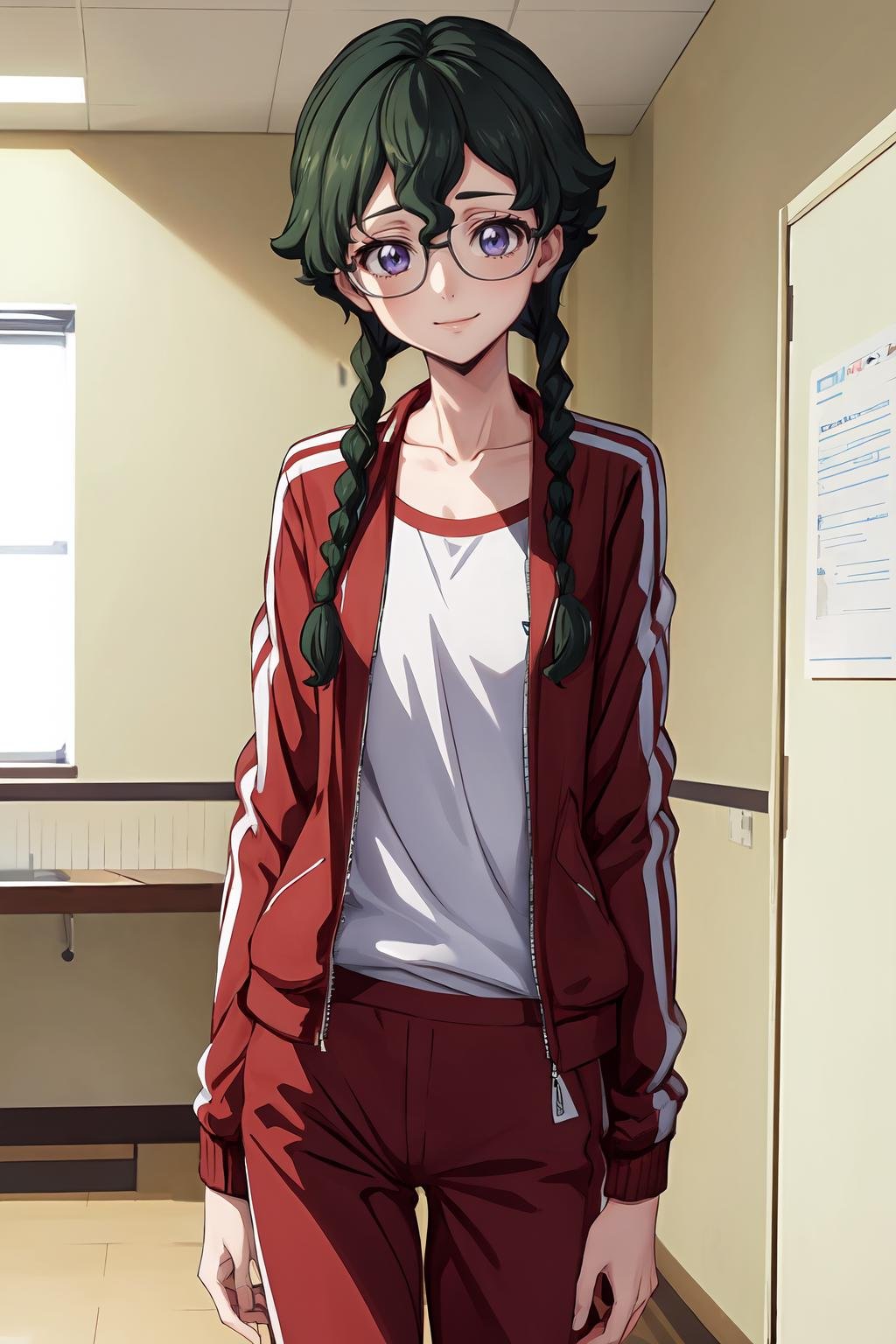 (masterpiece, best quality:1.2), highres, anime screencap, anime coloring, 1girl, solo, light smile, Nina_Einstein_S1, green hair, twin braids, bangs, short hair, purple eyes, blue eyes, glasses, rimless eyewear, collarbone, BREAK gym uniform, red jacket, track jacket, open jacket, white shirt, red pants, track pants, standing, indoors, school, looking at viewer,<lora:add_detail_CyberAlchemist:0.4>, <lora:GoodHands-beta2:0.8>, <lora:NinaEinsteinS1-000009:0.9>,