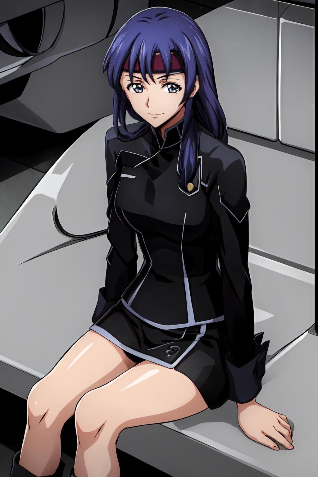 (masterpiece, best quality:1.2), highres, anime screencap, anime coloring, 1girl, solo, light smile, Naomi_Inoue_V1, purple hair, long hair, bangs, grey eyes, headband, red headband, medium breasts, military, military uniform, black jacket, long sleeves, black skirt, miniskirt, black footwear, knee boots, high heel boots, black panties, sitting and widely spread legs, knees up, leaning back, looking at viewer, cowboy shot, <lora:add_detail_CyberAlchemist:0.4>, <lora:GoodHands-beta2:0.8>, <lora:NaomiInoueV1-000010:1>