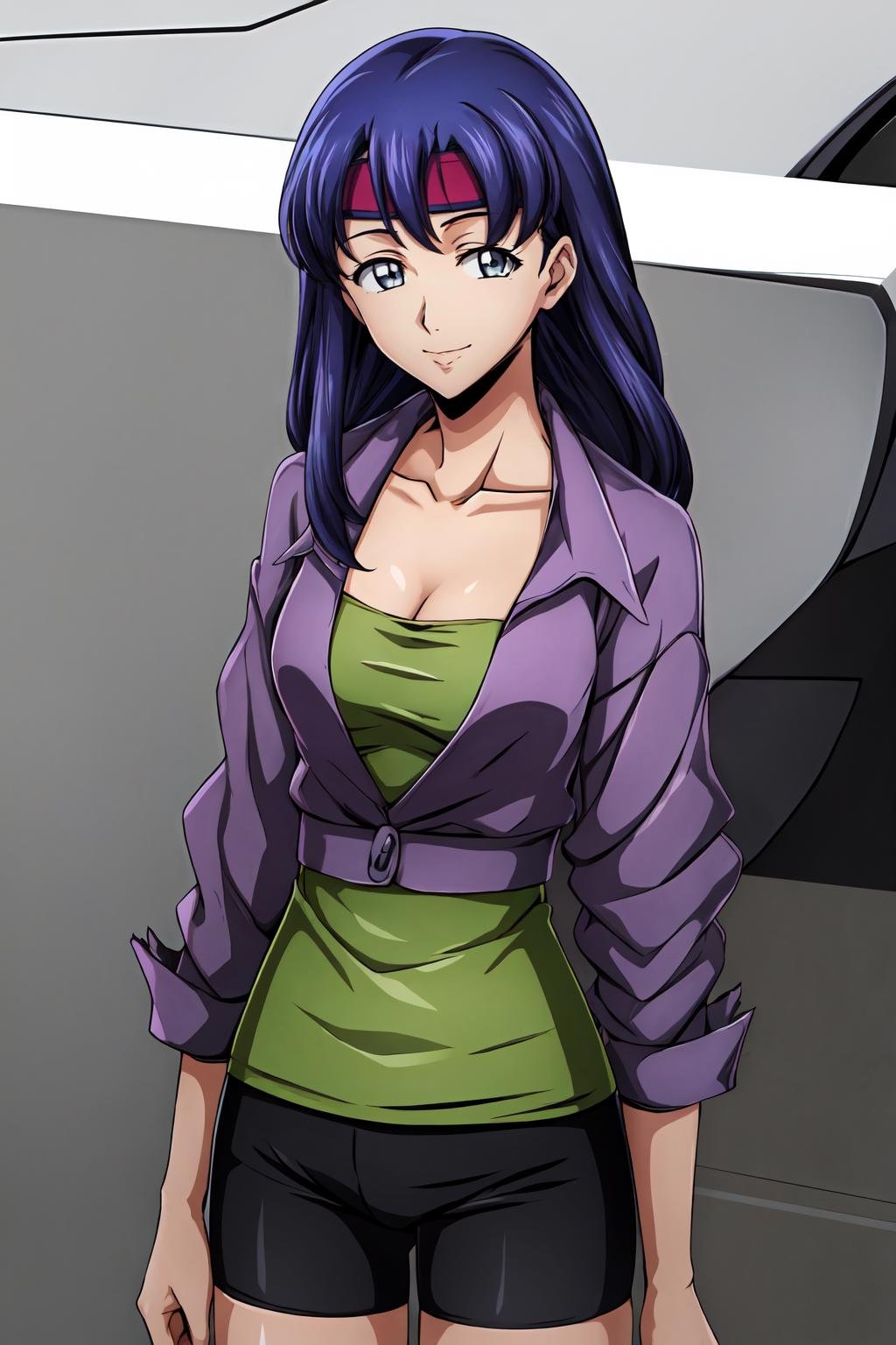 (masterpiece, best quality:1.2), highres, anime screencap, anime coloring, 1girl, solo, light smile, Naomi_Inoue_V1, purple hair, long hair, bangs, grey eyes, headband, red headband, medium breasts, purple jacket, open jacket, long sleeves, green shirt, collarbone, cleavage, black shorts, bike shorts, looking at viewer, cowboy shot, <lora:add_detail_CyberAlchemist:0.4>, <lora:GoodHands-beta2:0.8>, <lora:NaomiInoueV1-000010:1>