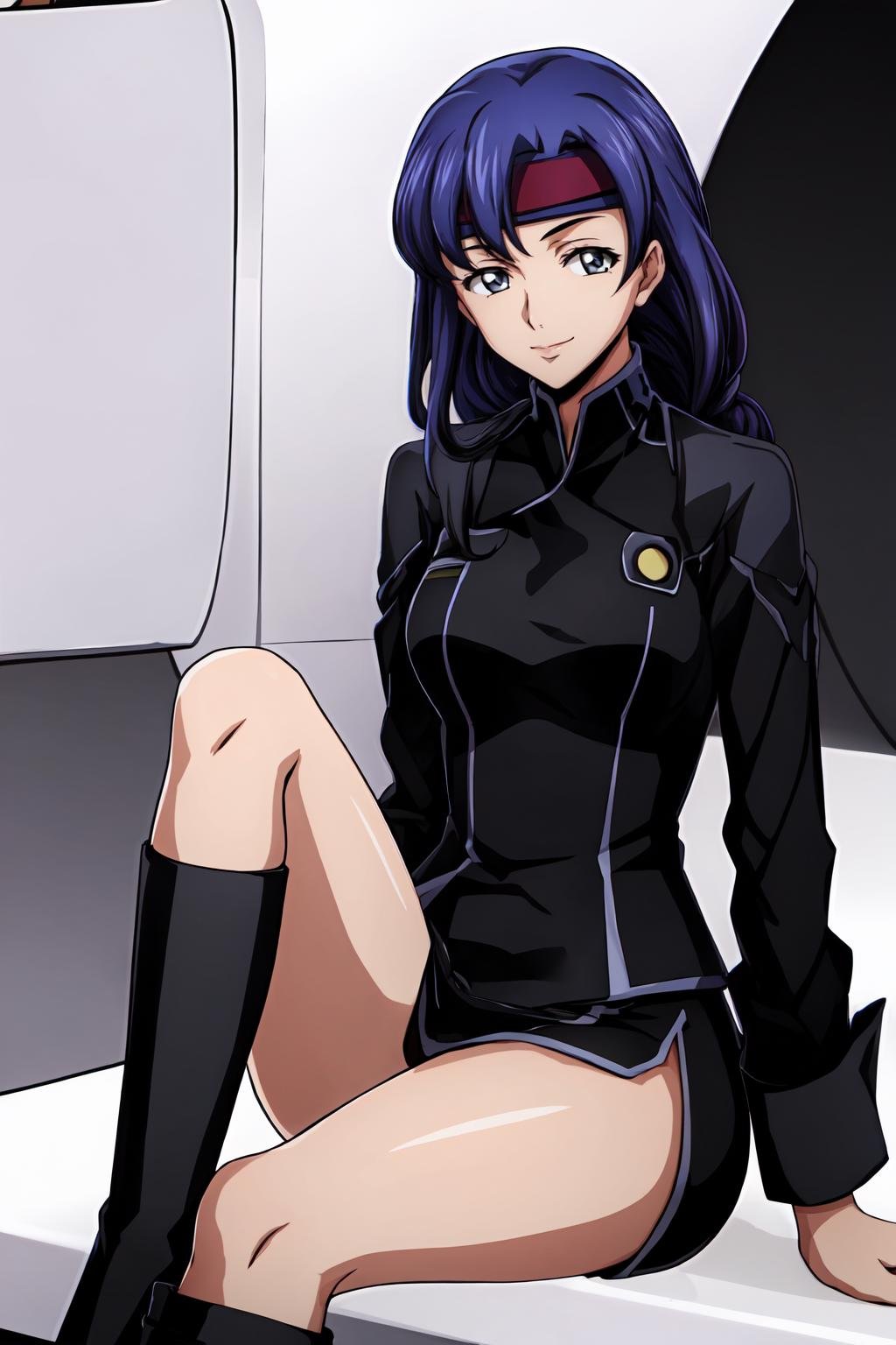 (masterpiece, best quality:1.2), highres, anime screencap, anime coloring, 1girl, solo, light smile, Naomi_Inoue_V1, purple hair, long hair, bangs, grey eyes, headband, red headband, medium breasts, military, military uniform, black jacket, long sleeves, black skirt, miniskirt, black footwear, knee boots, high heel boots, black panties, sitting and widely spread legs, knees up, leaning back, looking at viewer, cowboy shot, <lora:add_detail_CyberAlchemist:0.4>, <lora:GoodHands-beta2:0.8>, <lora:NaomiInoueV1-000010:1>