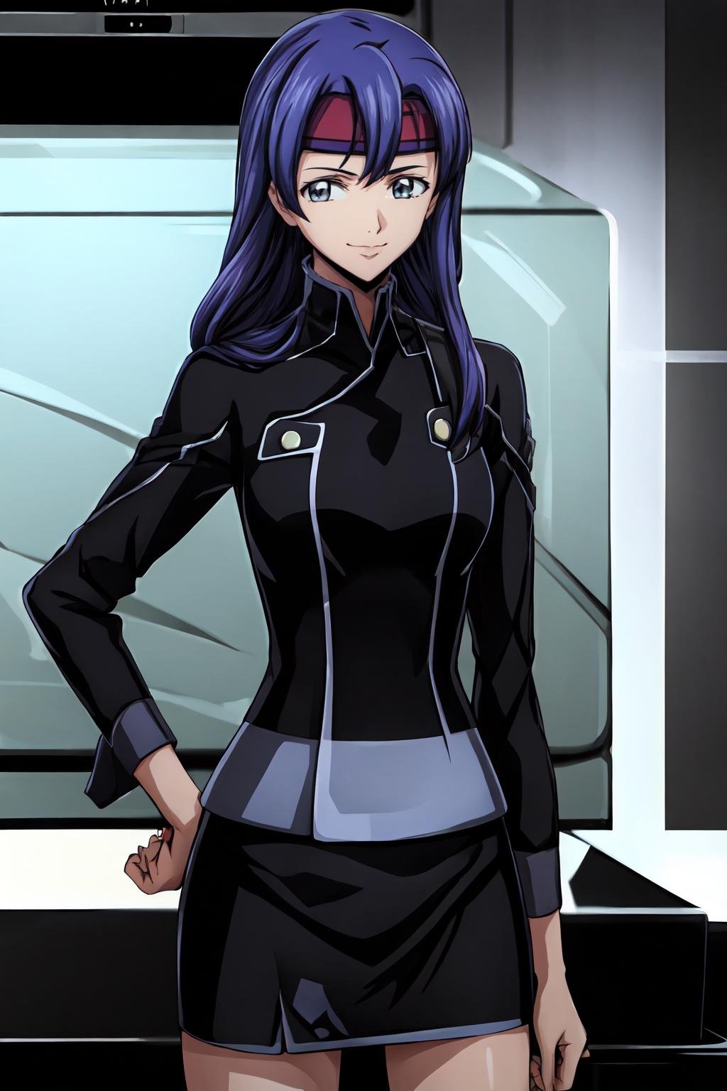 (masterpiece, best quality:1.2), highres, anime screencap, anime coloring, 1girl, solo, light smile, Naomi_Inoue_V1, purple hair, long hair, bangs, grey eyes, headband, red headband, medium breasts, military, military uniform, black jacket, long sleeves, black skirt, hand on hip, looking at viewer, cowboy shot, <lora:add_detail_CyberAlchemist:0.4>, <lora:GoodHands-beta2:0.8>, <lora:NaomiInoueV1-000010:1>