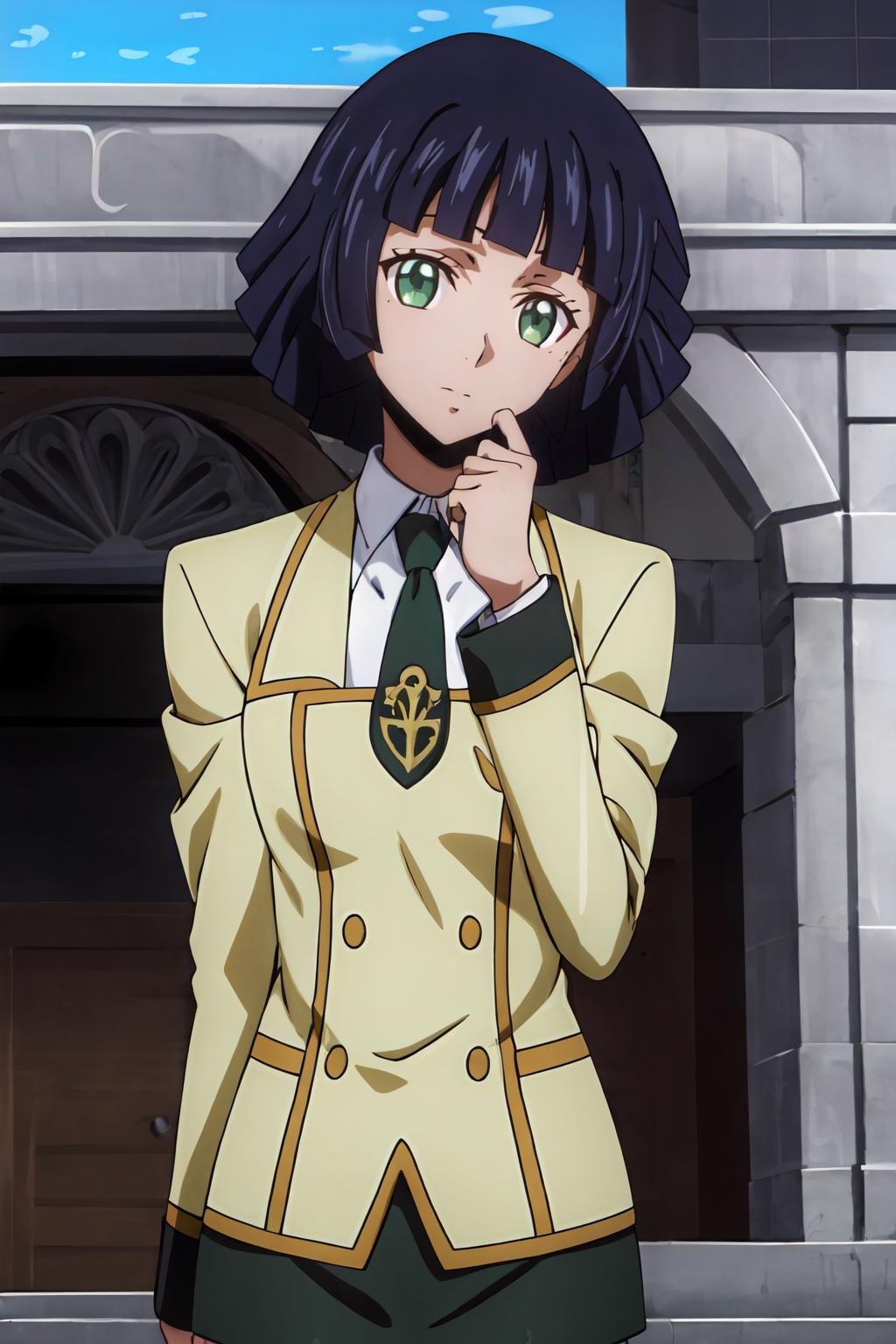 (masterpiece, best quality:1.2), highres, anime screencap, anime coloring, 1girl, solo, head tilt, confused, YKW_V1, blue hair, short hair, bob cut, blunt bangs, green eyes, ashford academy school uniform, yellow jacket, long sleeves, green necktie, black skirt, pencil skirt, miniskirt, looking at viewer, portrait, close-up face, outdoors, <lora:add_detail_CyberAlchemist:0.4>, <lora:GoodHands-beta2:0.8>, <lora:YKWV1-000009:0.8>