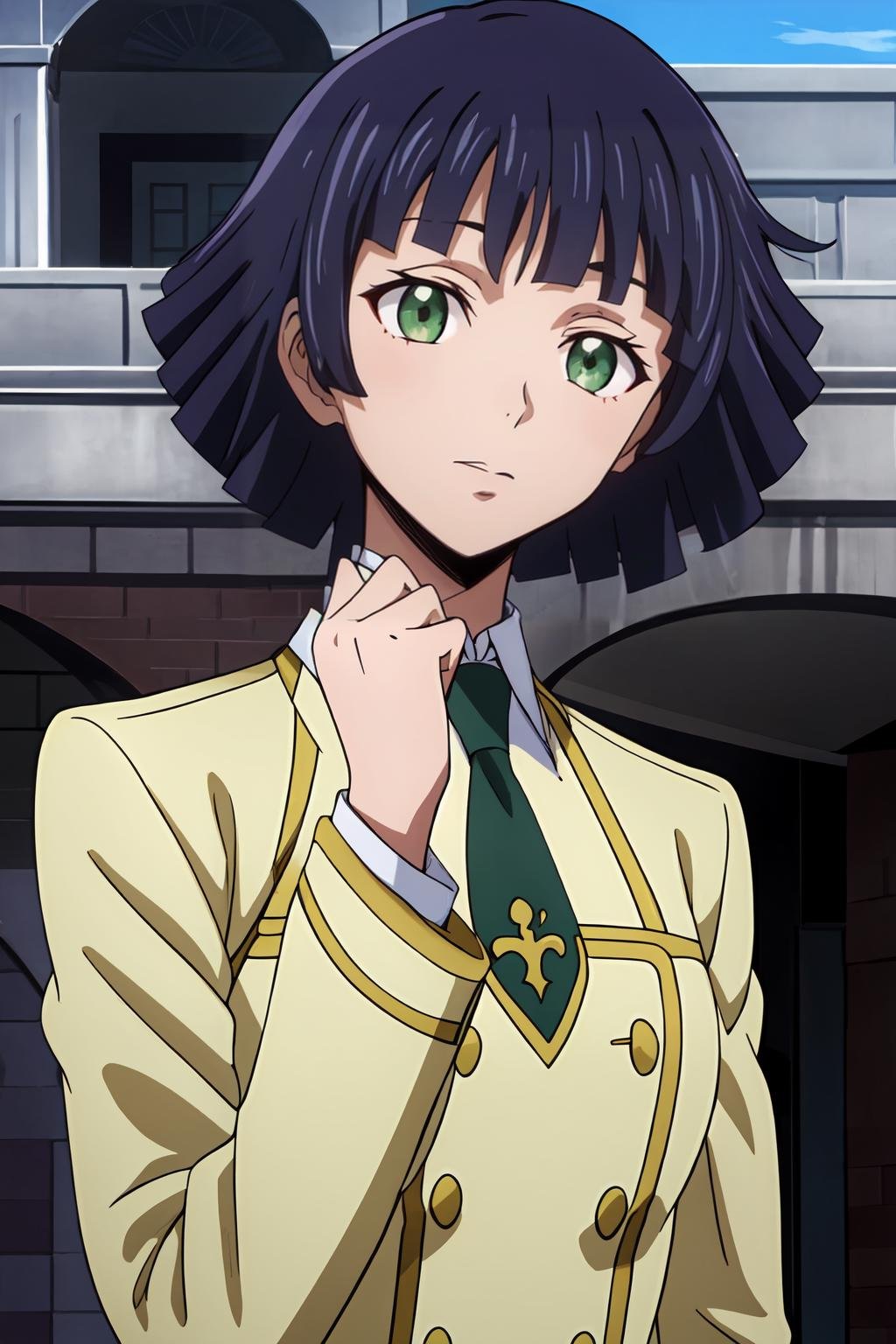 (masterpiece, best quality:1.2), highres, anime screencap, anime coloring, 1girl, solo, head tilt, confused, YKW_V1, mature female, blue hair, purple hair, short hair, bob cut, blunt bangs, green eyes, medium breasts, BREAK ashford academy school uniform, yellow jacket, long sleeves, green necktie, holding, holding needle, upper body, portrait, outdoors, school, <lora:add_detail_CyberAlchemist:0.4>, <lora:GoodHands-beta2:0.8>, <lora:YKWV1-000009:0.8>