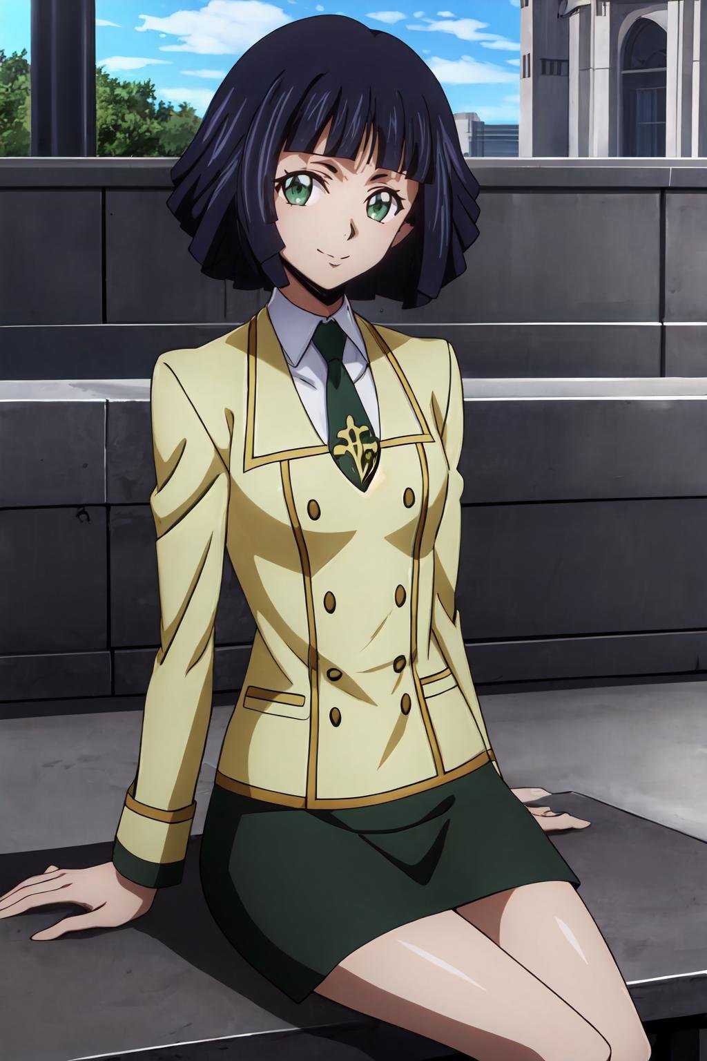 (masterpiece, best quality:1.2), highres, anime screencap, anime coloring, 1girl, solo, head tilt, seductive smile, YKW_V1, blue hair, short hair, bob cut, blunt bangs, green eyes, ashford academy school uniform, yellow jacket, long sleeves, green necktie, black skirt, pencil skirt, miniskirt, sitting on bench, outdoors, park, park bench, looking at viewer, <lora:add_detail_CyberAlchemist:0.4>, <lora:GoodHands-beta2:0.8>, <lora:YKWV1-000009:0.8>