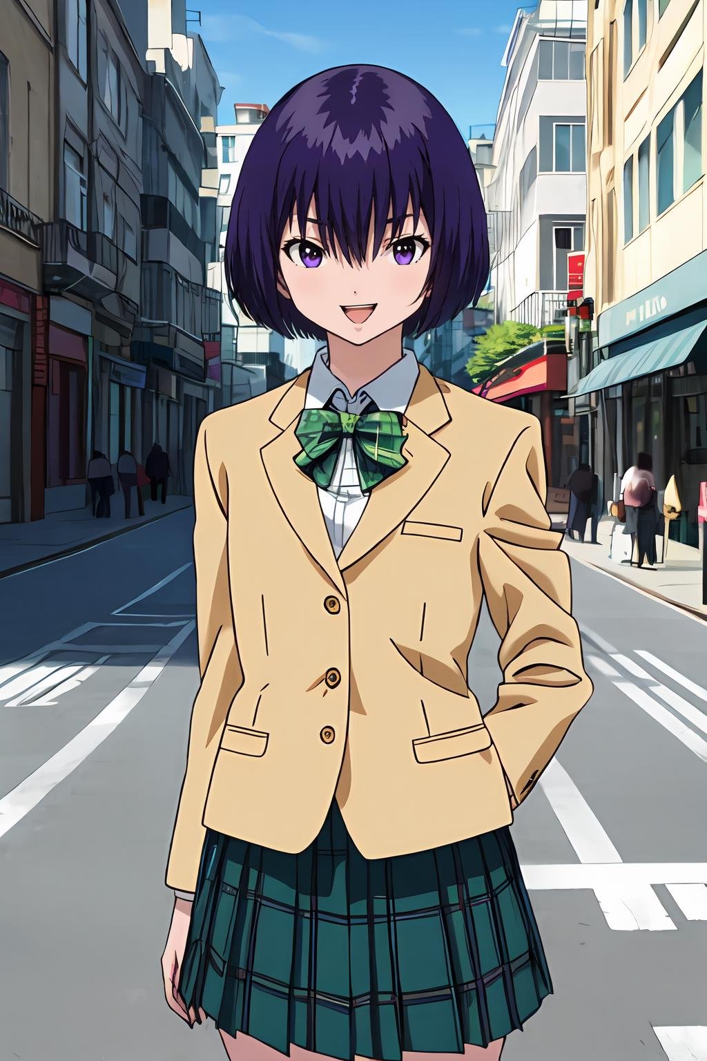 (masterpiece, best quality:1.2), highres, anime screencap, anime coloring, 1girl, solo, smirk, open mouth, Yui_Minamito, purple hair, short hair, bob cut, bangs, hair between eyes, purple eyes, school uniform, yellow blazer, long sleeves, white shirt, green bowtie, green skirt, pleated skirt, plaid skirt, standing, outdoors, street, looking at viewer, <lora:add_detail_CyberAlchemist:0.4>, <lora:GoodHands-beta2:0.8>, <lora:YuiMinamito-000010:1>