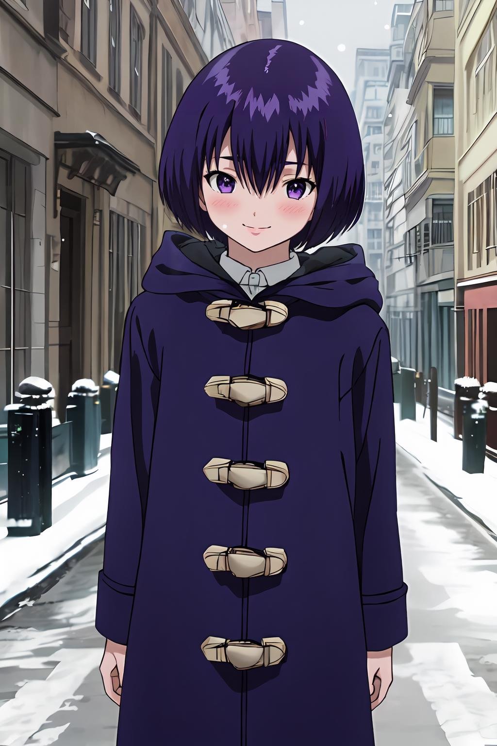 (masterpiece, best quality:1.2), highres, anime screencap, anime coloring, 1girl, solo, smile, ^ ^, blush, Yui_Minamito, purple hair, short hair, bob cut, bangs, hair between eyes, purple eyes, winter clothes, blue coat, duffel coat, hooded coat, hood down, standing, outdoors, street, winter, snowing, snow, looking at viewer, <lora:add_detail_CyberAlchemist:0.4>, <lora:GoodHands-beta2:0.8>, <lora:YuiMinamito-000010:1>