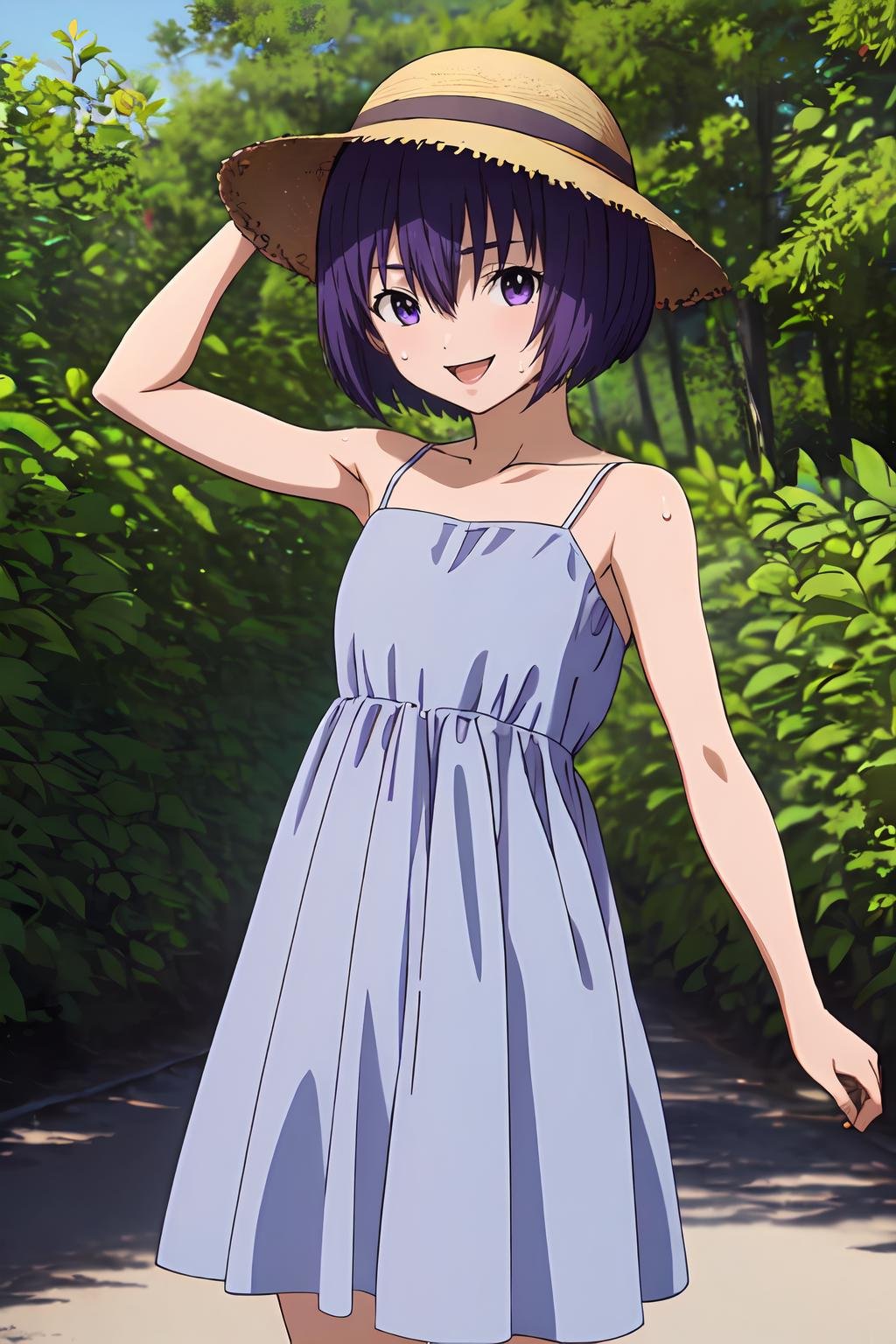 (masterpiece, best quality:1.2), highres, anime screencap, anime coloring, 1girl, solo, sweat, happy, smile, Yui_Minamito, purple hair, short hair, bob cut, bangs, hair between eyes, purple eyes, straw hat, white dress, bare shoulders, spaghetti strap, standing, spread arms, outdoors, summer, day, countryside, looking at viewer, <lora:add_detail_CyberAlchemist:0.4>, <lora:GoodHands-beta2:0.8>, <lora:YuiMinamito-000010:1>