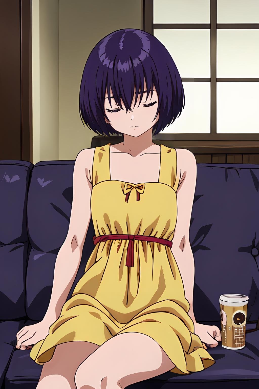 (masterpiece, best quality:1.2), highres, anime screencap, anime coloring, 1girl, solo, closed eyes, sleeping, relaxed, Yui_Minamito, purple hair, short hair, bob cut, bangs, hair between eyes, purple eyes, yellow dress, collarbone, bare shoulders, sleeveless, sitting on couch, head tilt, indoors, living room, couch, looking at viewer, <lora:add_detail_CyberAlchemist:0.4>, <lora:GoodHands-beta2:0.8>, <lora:YuiMinamito-000010:1>