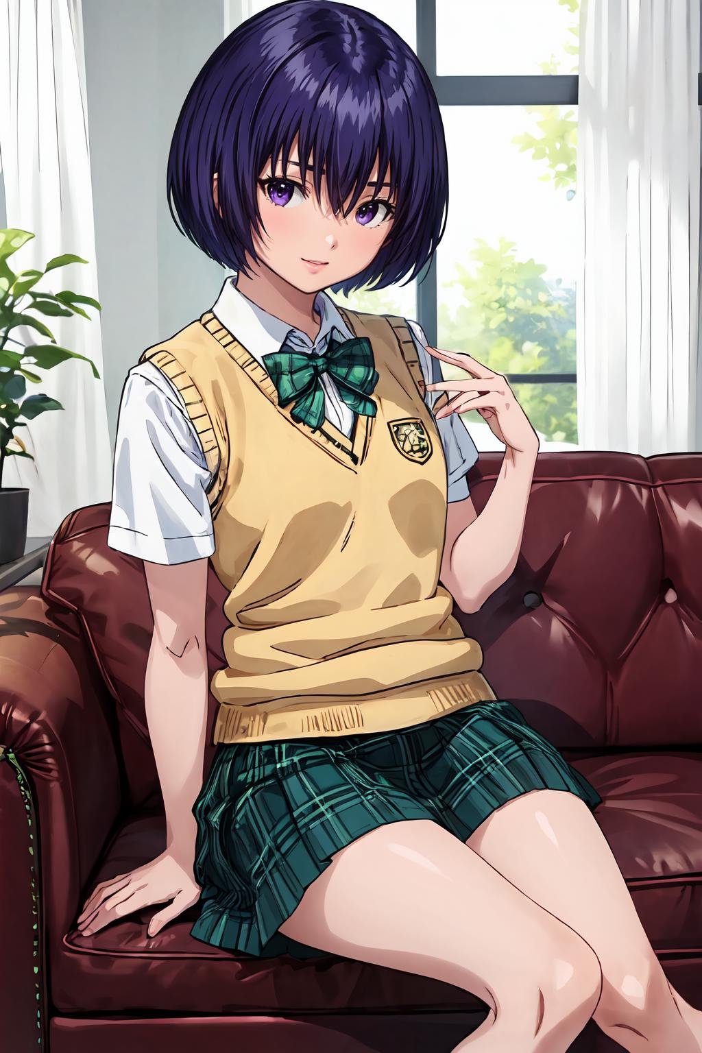 (masterpiece, best quality:1.2), highres, anime screencap, anime coloring, 1girl, solo, happy,Yui_Minamito, purple hair, short hair, bob cut, bangs, hair between eyes, purple eyes,school uniform, yellow vest, sweater vest, white shirt, collared shirt, short sleeves, green bowtie, green skirt, plaid skirt, pleated skirt, white socks, loafers, indoors, living room, looking at viewer,<lora:add_detail_CyberAlchemist:0.4>, <lora:GoodHands-beta2:0.8>, <lora:YuiMinamito-000010:1>, 