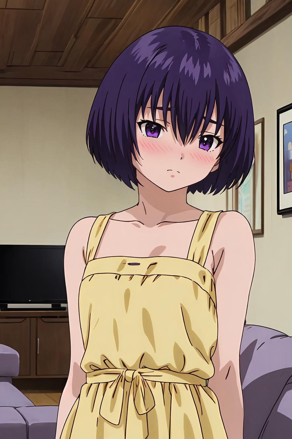 (masterpiece, best quality:1.2), highres, anime screencap, anime coloring, 1girl, solo, blush, Yui_Minamito, purple hair, short hair, bob cut, bangs, hair between eyes, purple eyes, yellow dress, bare shoulders, sleeveless, collarbone, indoors, living room, <lora:add_detail_CyberAlchemist:0.4>, <lora:GoodHands-beta2:0.8>, <lora:YuiMinamito-000010:1>