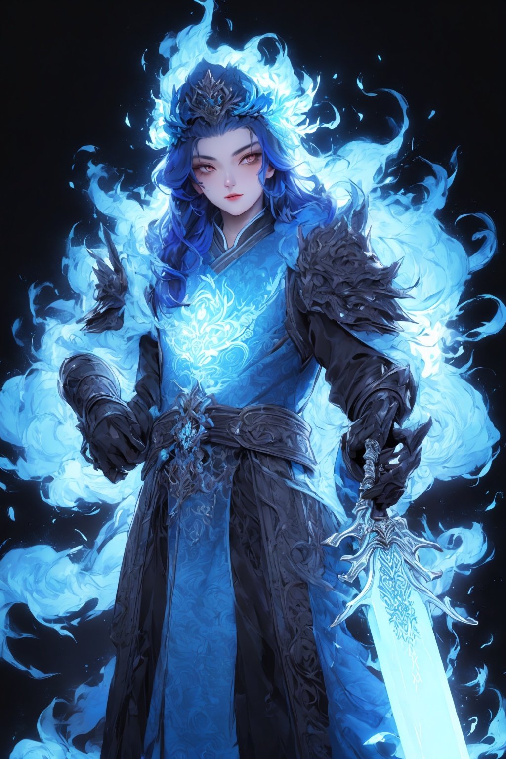 masterpiece,best quality,1girl,8K,HDR,<lora:Xguang-000014:0.6>,Xguang, weapon, sword, fire, armor, 1boy, solo, male focus, holding, holding sword, holding weapon, blue fire, glowing, black background, shoulder armor, fiery hair, gauntlets, simple background, looking at viewer, helmet, blue theme, by karol bak, james jean and tom bagshaw, Magical overweight Hmong (Female Brewer:1.3) , Winter, Simple and clean, Amusing, side lit, 80mm