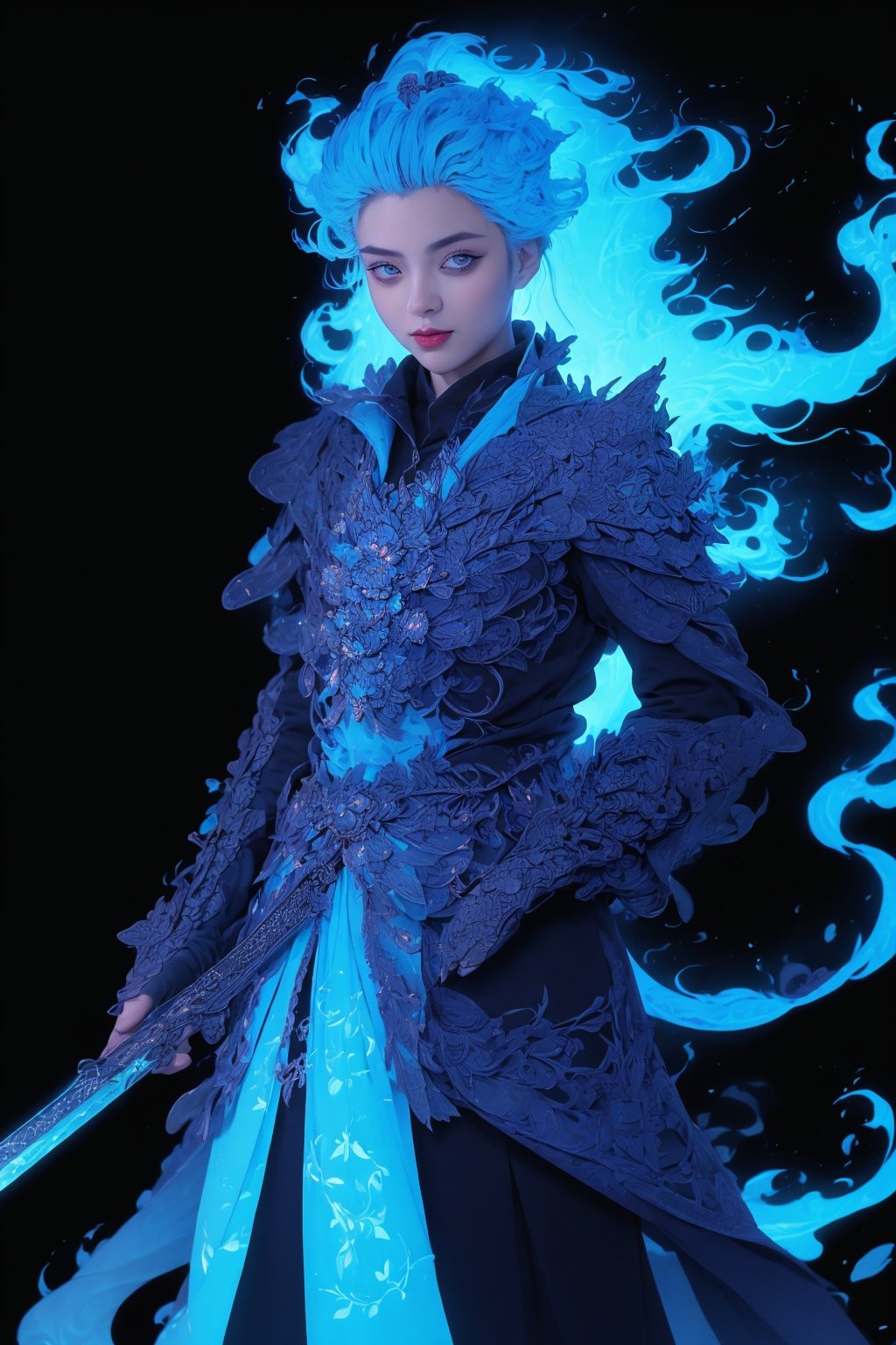 masterpiece,best quality,1girl,8K,HDR,<lora:Xguang-000020:0.6>,Xguang,blue theme,black_background,BLUE FLAME,flame hair,armor,Xguang,weapon,fire,armor,simple_background, Color splash, Beautiful Bewitching Palestinian (Officer Jenny:1.1) , at Twilight, fairy tale, stylized by Donato Giancola, (Vincent van Gogh:0.7)