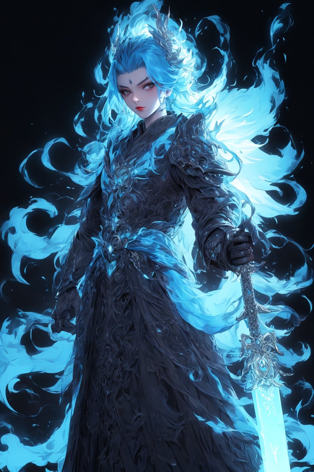 masterpiece,best quality,1girl,8K,HDR,<lora:Xguang-000014:0.6>,Xguang, weapon, sword, fire, armor, 1boy, solo, male focus, holding, holding sword, holding weapon, blue fire, glowing, black background, shoulder armor, fiery hair, gauntlets, simple background, looking at viewer, helmet, blue theme, by Dan Mumford and beeple,  professional, Fairy-Tale 1960'S (a crowd of women:1.3) Walking, masterpiece, they are wearing a Turkish Pao that was made by Netflix, It is very Elegant and Angelic, city street, Masterpiece, Zen, natural lighting, stylized