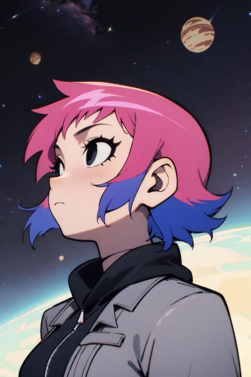 Ramona_Flowers,short hair,black eyes,1girl, solo, medium breasts,closed mouthBREAKspace, planet, earth \(planet\), star \(sky\),profile,(looking up:1.2),galaxy background,grey jacket,closeup<lora:Ramona_Flowers-08:0.6>