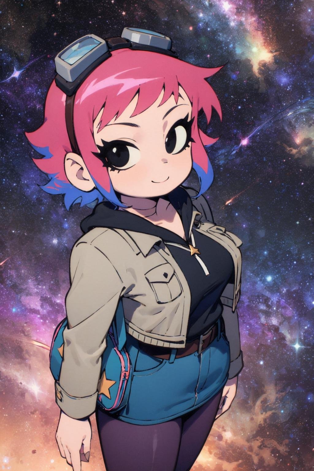 Ramona_Flowers,short hair,black eyes,1girl, solo, medium breasts,looking at viewer,smile,BREAKgoggles on head, hoodie,grey jacket,long sleeves,shoulder bag,star (symbol),belt,denim skirt,purple pantyhose,(galaxy background,star \(sky\),sky, space, starry sky, galaxy, wide-eyed:1.3),from above, <lora:Ramona_Flowers-08:0.7>