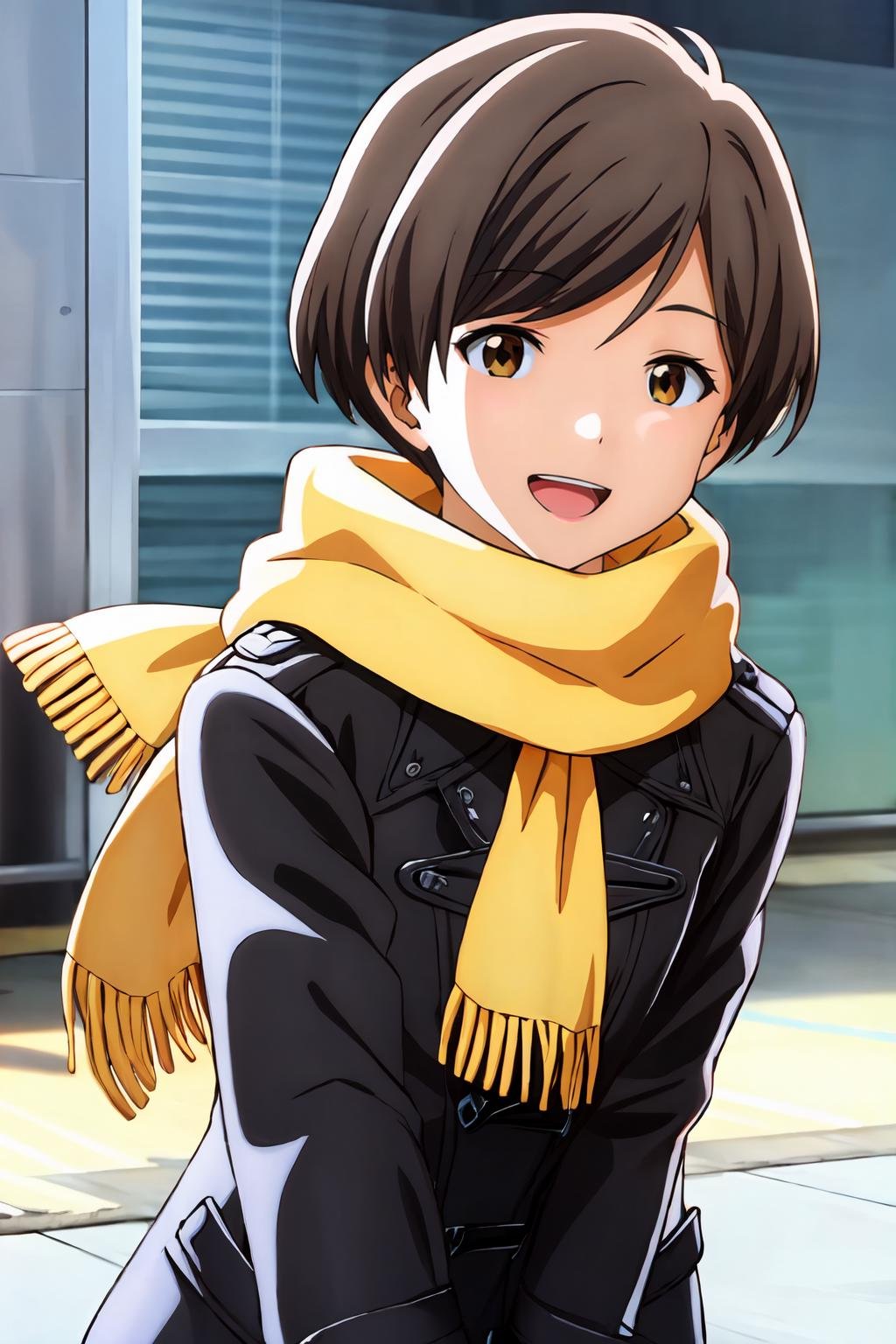 (masterpiece, best quality:1.2), highres, 1girl, solo, seductive smile, open mouth, upper teeth, Chinatsu_Nishio_V1, brown hair, short hair, swept bangs, brown eyes, BREAK winter clothes, winter coat, black jacket, long sleeves, yellow scarf, red gloves, <lora:add_detail_CyberAlchemist:0.4>, <lora:GoodHands-beta2:0.8>, <lora:ChinatsuNishioV1-000010:1>