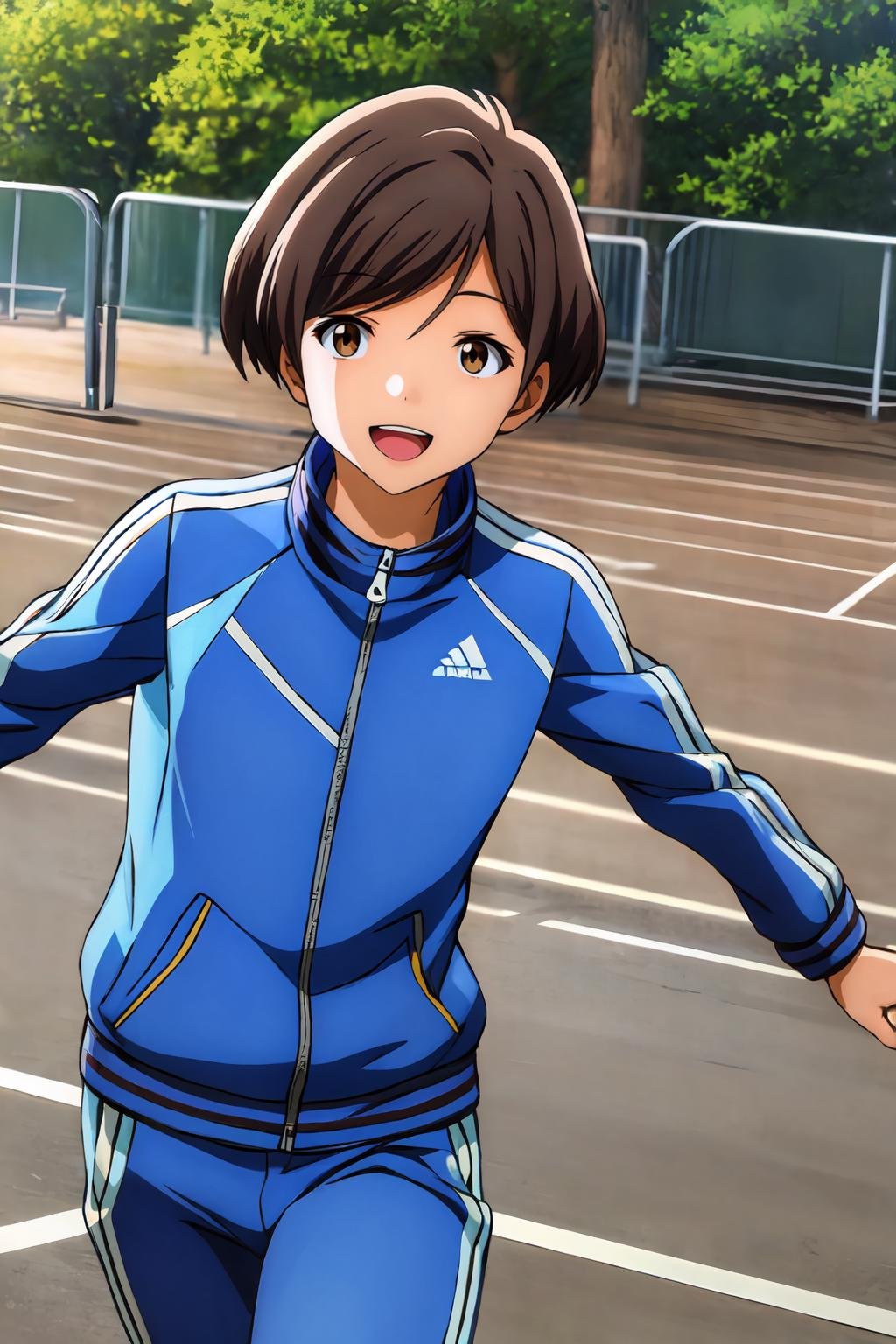 (masterpiece, best quality:1.2), highres, 1girl, solo, smile, open mouth, upper teeth, happy, Chinatsu_Nishio_V1, brown hair, short hair, swept bangs, brown eyes, BREAK blue jacket, track jacket, blue pants, track pants, sneakers, standing, dynamic pose, outdoors, track and field, <lora:add_detail_CyberAlchemist:0.4>, <lora:GoodHands-beta2:0.8>, <lora:ChinatsuNishioV1-000010:1>