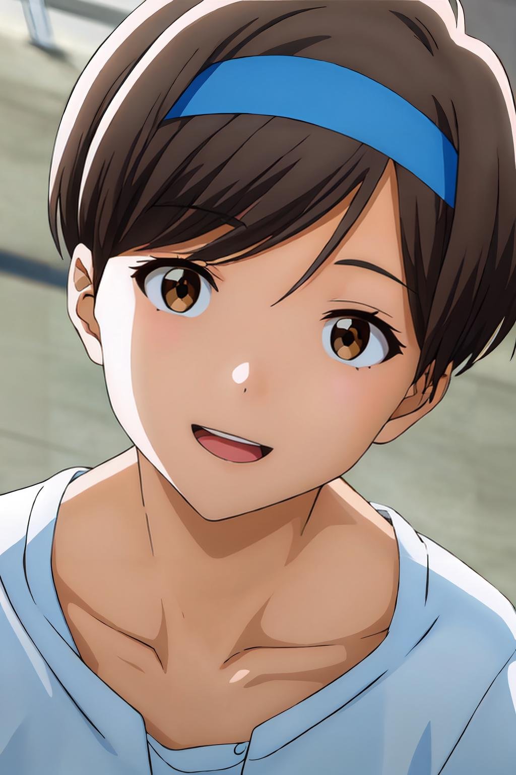 (masterpiece, best quality:1.2), highres, 1girl, solo, head tilt, smile, happy, open mouth, upper teeth,Chinatsu_Nishio_V1, brown hair, short hair, swept bangs, brown eyes, blue headband, blue hairband,white shirt:1, collarbone, leaning forward,from above, facing viewer, looking at viewer, portrait, close-up face,<lora:add_detail_CyberAlchemist:0.4>, <lora:GoodHands-beta2:0.8>, <lora:ChinatsuNishioV1-000010:1>