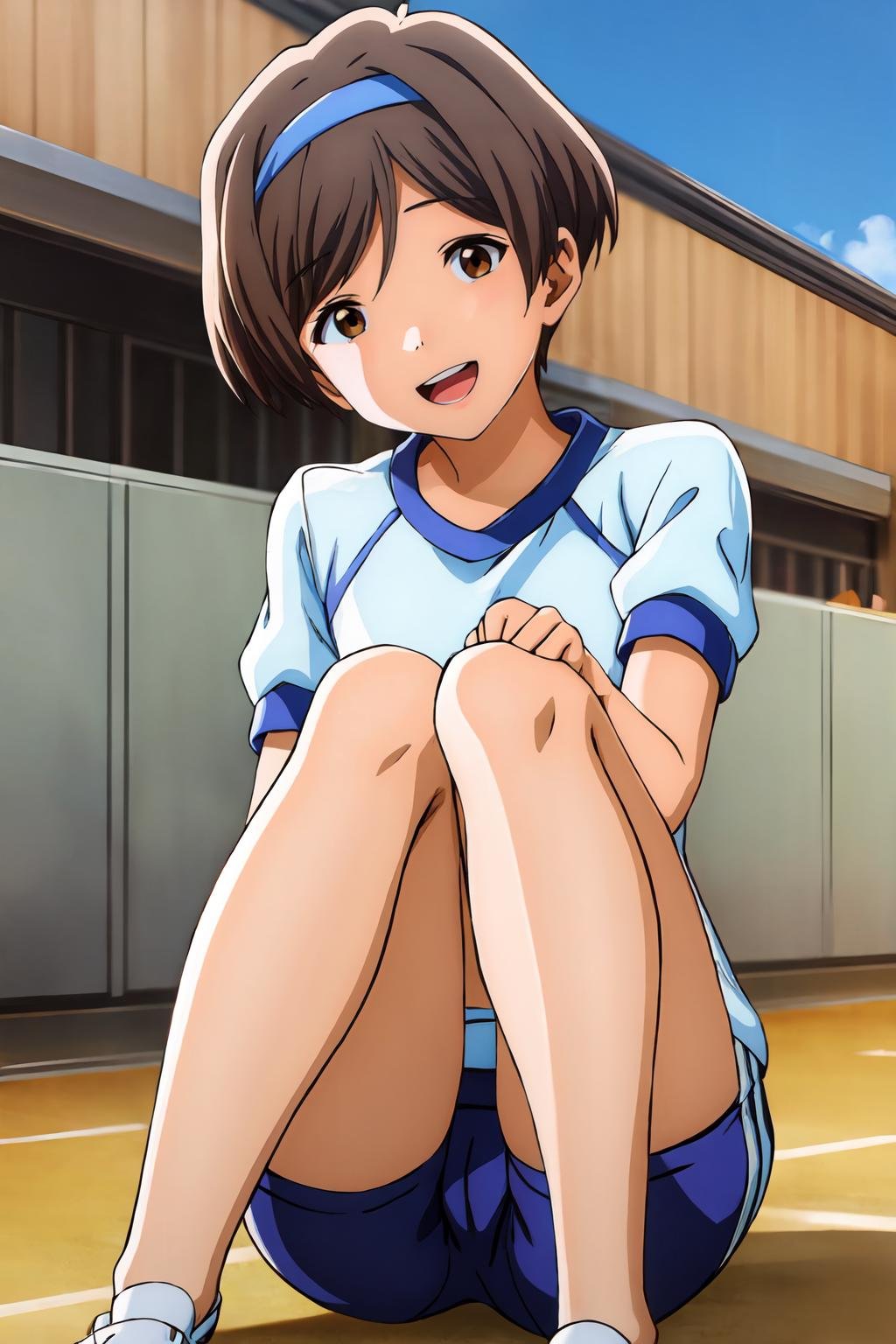 (masterpiece, best quality:1.2), highres, 1girl, solo, smile, open mouth, upper teeth, happy, head tilt, Chinatsu_Nishio_V1, brown hair, short hair, swept bangs, brown eyes, hairband, blue hairband, gym uniform, white shirt, short sleeves, blue pants, sitting on ground, widely spread legs, knees up, <lora:add_detail_CyberAlchemist:0.4>, <lora:GoodHands-beta2:0.8>, <lora:ChinatsuNishioV1-000010:1>