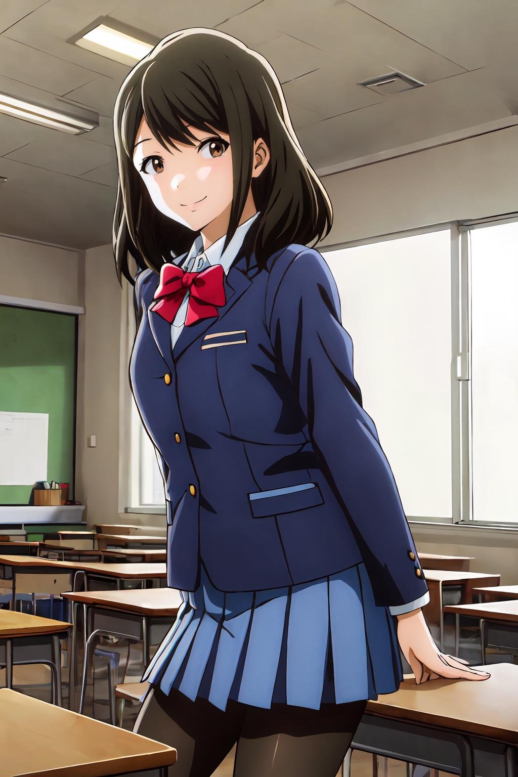 (masterpiece, best quality:1.2), highres, anime screencap, anime coloring, 1girl, solo, smile, Akane_Mizuno_V1, black hair, brown hair, medium hair, bangs, brown eyes, school uniform, blue jacket, long sleeves, white shirt, collared shirt, red bow, blue skirt, pleated skirt, black legwear, pantyhose, sneakers, indoors, school, classroom, looking at viewer, facing viewer, <lora:add_detail_CyberAlchemist:0.4>, <lora:GoodHands-beta2:0.8>, <lora:AkaneMizunoV1-000010:0.9>