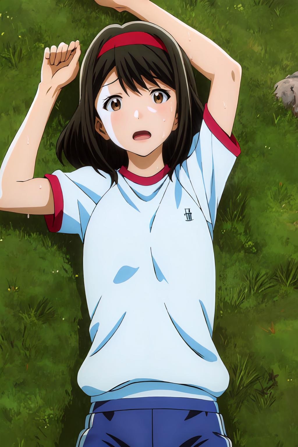 (masterpiece, best quality:1.2), highres, anime screencap, anime coloring, 1girl, solo, sweat, open mouth, steaming body,Akane_Mizuno_V1, black hair, brown hair, medium hair, bangs, brown eyes, red headband, red hairband,BREAK gym uniform, white shirt, t-shirt, short sleeves, blue pants, white socks, sneakers,lying on ground, on back, arms up, upper body, outdoors, school, <lora:add_detail_CyberAlchemist:0.4>, <lora:GoodHands-beta2:0.8>, <lora:AkaneMizunoV1-000010:0.9>