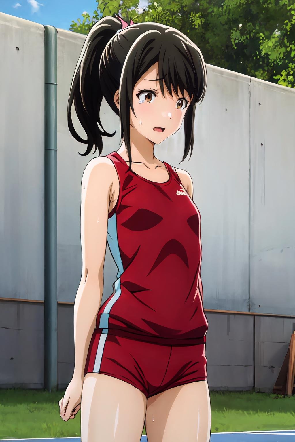 (masterpiece, best quality:1.2), highres, anime screencap, anime coloring, 1girl, solo, tears, sweat, Akane_Mizuno_V1, black hair, brown hair, short hair, ponytail, swept bangs, brown eyes, track uniform, red shirt, tank top, collarbone, bare shoulders, red shorts, gym shots, sneakers, outdoors, <lora:add_detail_CyberAlchemist:0.4>, <lora:GoodHands-beta2:0.8>, <lora:AkaneMizunoV1-000010:0.9>