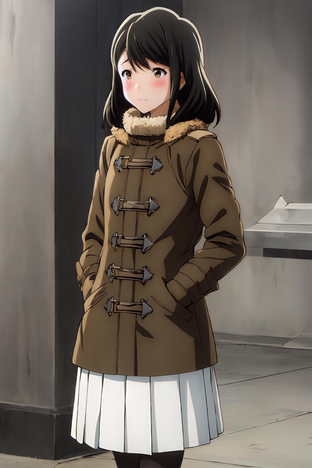 (masterpiece, best quality:1.2), highres, anime screencap, anime coloring, 1girl, solo, blush, Akane_Mizuno_V1, black hair, brown hair, medium hair, bangs, brown eyes, winter clothes, winter coat, fur trim, long sleeves, white skirt, pleated skirt, black legwear, pantyhose, boots, pink gloves, outdoors, <lora:add_detail_CyberAlchemist:0.4>, <lora:GoodHands-beta2:0.8>, <lora:AkaneMizunoV1-000010:0.9>